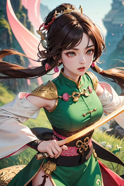 Genshin Impact Female Character With Brown Hair, A Dark Green Chinese Costume Featuring White And Pink Ornaments, She Holds A Sword, Delicate And Vibrant, Anime Character, Game Art Golden Eyes