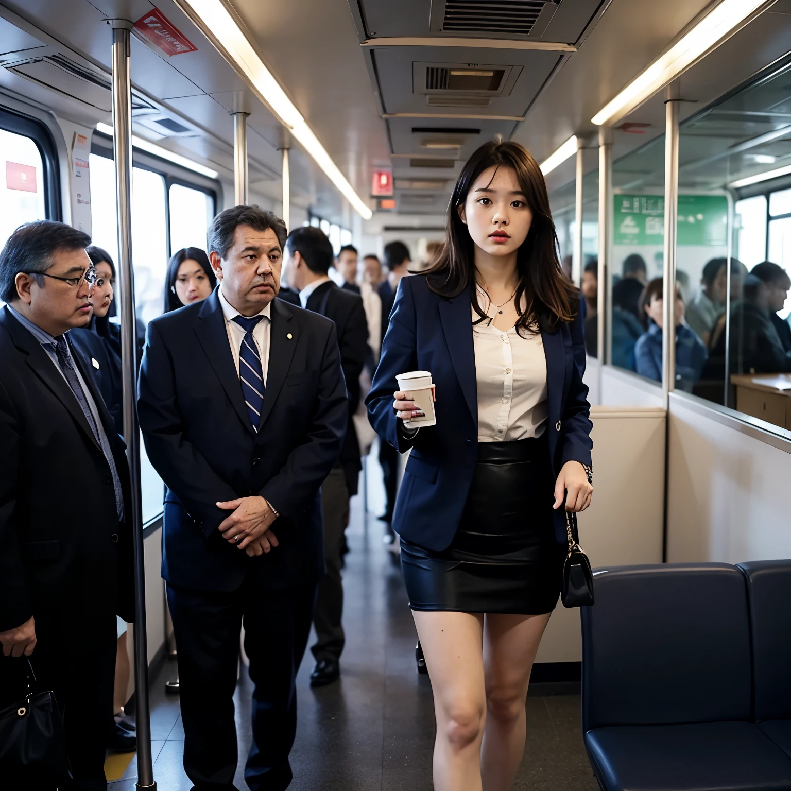 Beautiful woman、Age: 24、Height 164cm、Weight 48kg、Japanese、officeワーカーの服装、Black pumps、Navy Skirt、Navy blue jacket、White blouse、White panties、office、crowded train、A short middle-aged man next to me、A short middle-aged man behind、