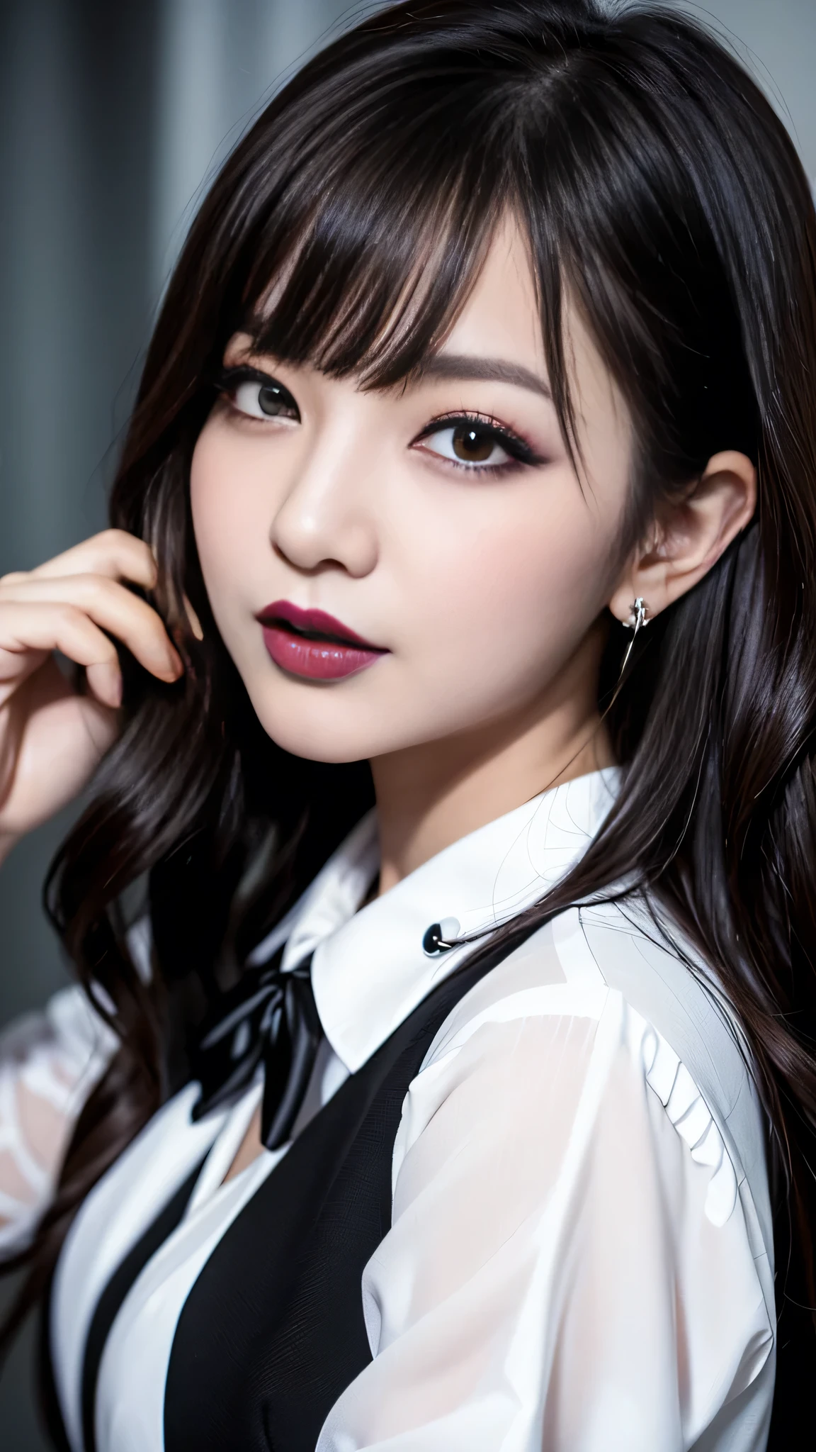best quality、ultra-detailed、4k、Japanese、Seductive beauty、seductive adult woman、Pretty Woman、cool girl、Villainess、Brainwashed、brainwash、Fallen into evil、smirk、Evil look、Wicked Smile、evil、Brown hair、wavy hair、swept bangs、dark makeup、dark makeup、piercing eyes、hollow eyes,half-closed eyes、Hollow Eyes、purple Eyeshadow、black lipstick、black lipglos、uniform、blazer、White Shirt、Black Ribbon、flare skirt、pantyhose、night、inside darkroom、Has a switch、Emblem of Evil、Crest of Darkness、Swear allegiance、I have pledged my allegiance、Dye black、Blackening、Stained with evil、Dyed in darkness、Whisper in my ear