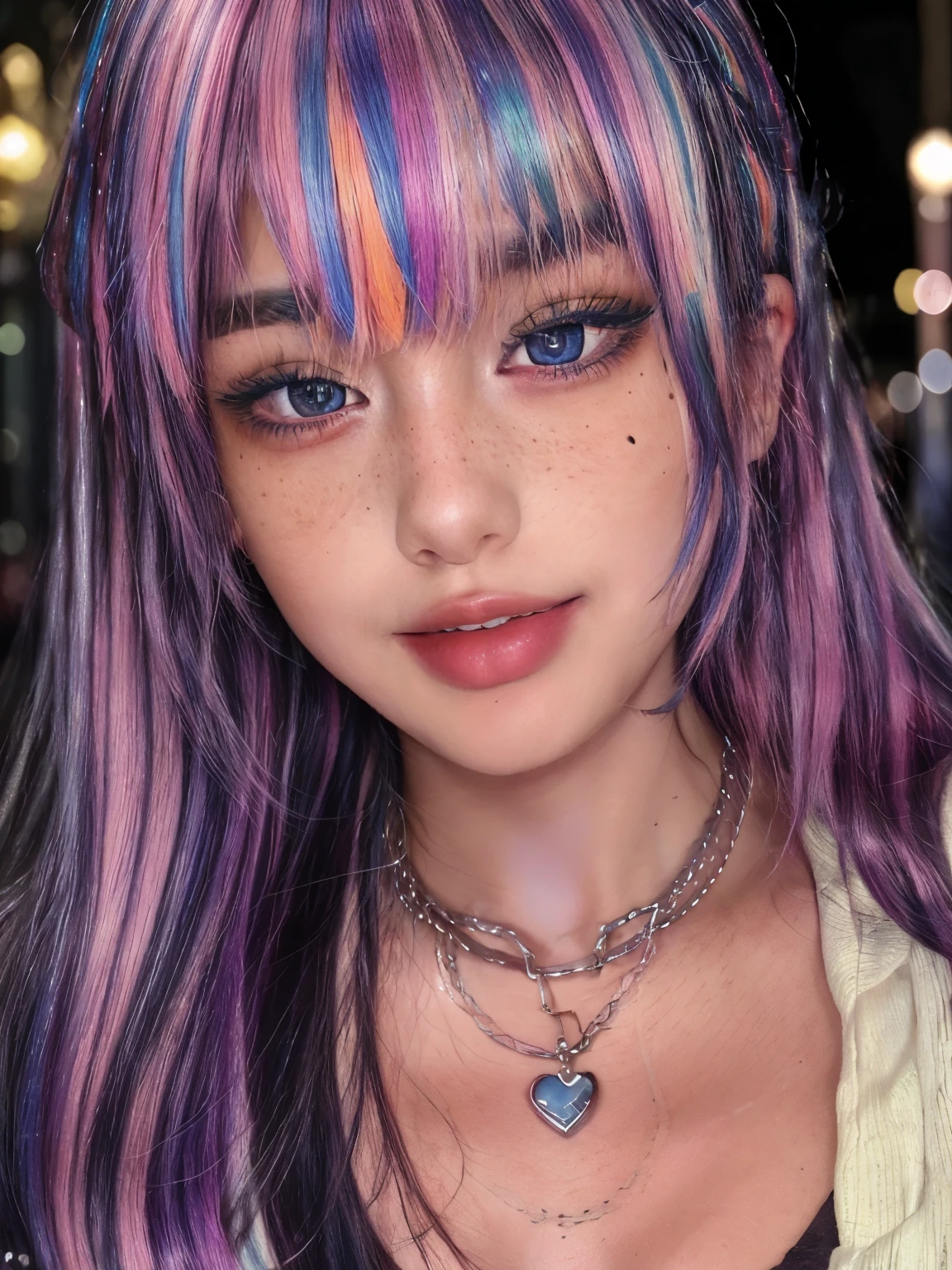 masterpiece, best quality,realistic,absurdres,1girl,looking at viewer,egirl_face, night, street, face detail, face retouch, massive breasts, smiling, laughing, wispy bangs, chains, blush, freckles, rainbow hair, full body view, oversized sweatshirt