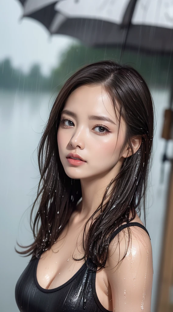 (Best quality, 4k, Masterpiece :1.3), pretty woman, 1girl, sexy :1.1, dark brown hair: 1.1, (rainy wet, wet from rain, wet body :1.2), white tank tops, ultra-detailed face, detailed lips, detailed eyes, double eyelid