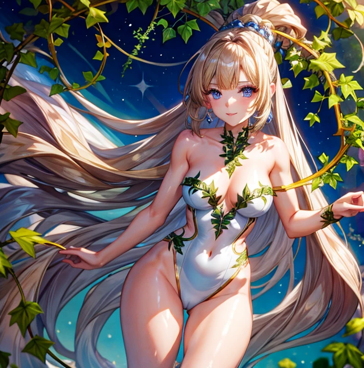 A gorgeous woman, goddess type nude with some ivy and vines for hair, top-quality, seductive, big beautiful eye, Extraordinary beauty、Revealing costume