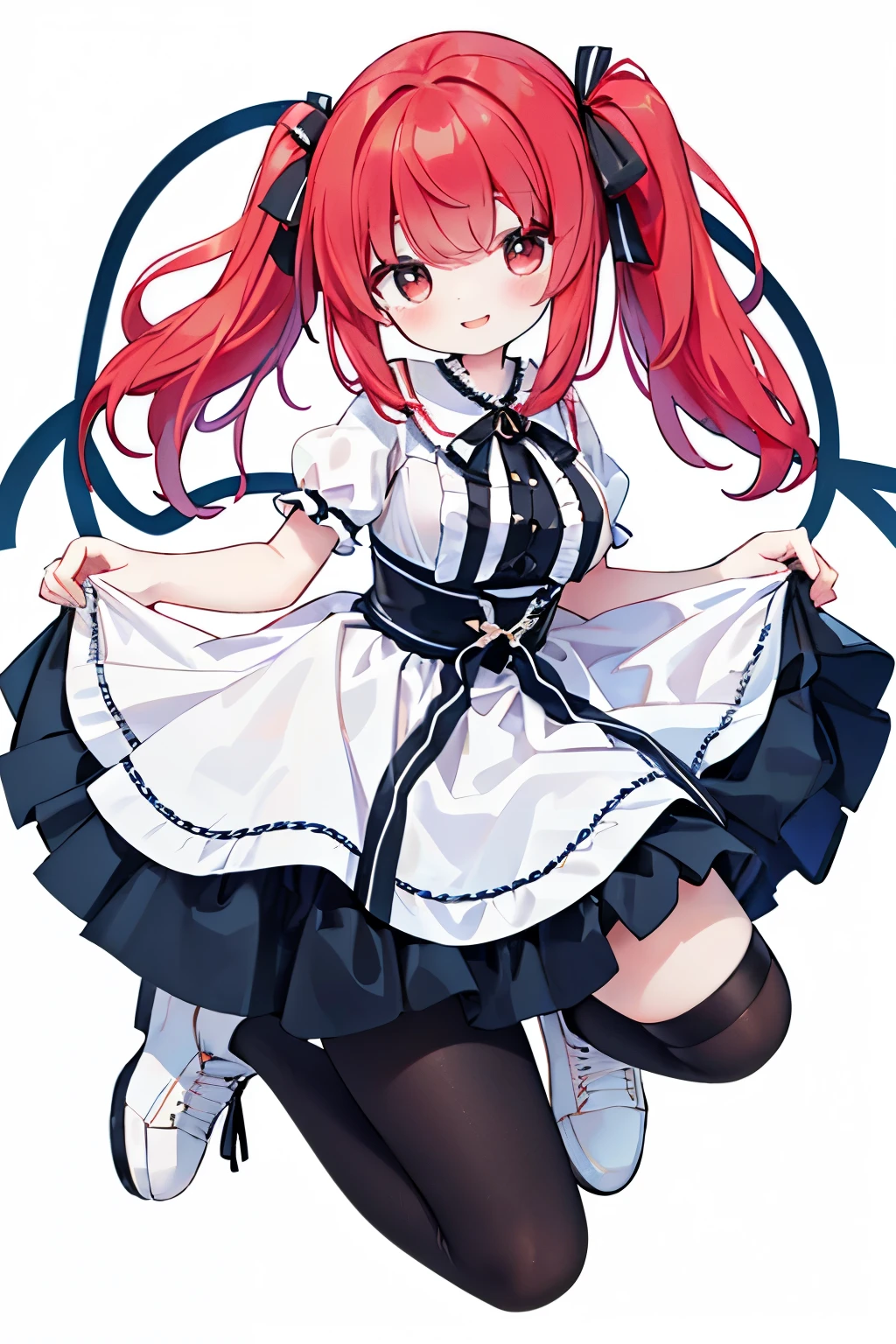 (top-quality、8K、32K、​masterpiece、nffsw:1.2)、((Photo of red-eyed woman with bright red hair with cute smile：1.3))、 ((Horizontal twin tails tied with a black ribbon：2))、 full body Esbian、 Curly hair:1.3、Zito-order：2、large full breasts、inside 、Look around、A smile、whitebackground