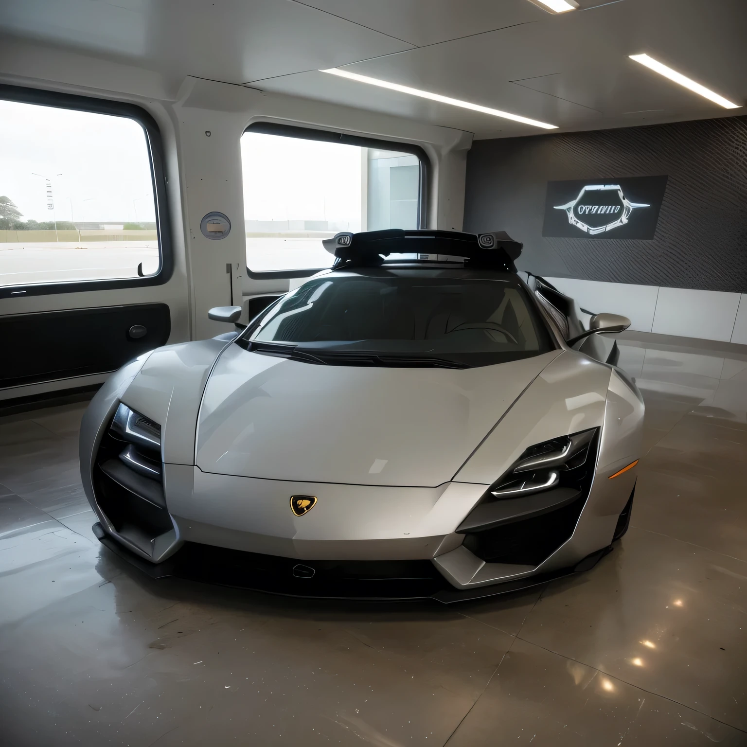 carro esportivo arafiado estacionado em uma garagem com uma grande janela, full view of a car, carro esportivo no quarto, Super-carro, carro cheio, lamborghini, um plano amplo e completo, full view of a car esporte, estilo ousado da lamborghini, Carro esportivo, medium wide frontal shot, fotografia interior, vehicle photography, carro esportivo, cinematic front shot, voltado para frente, frente