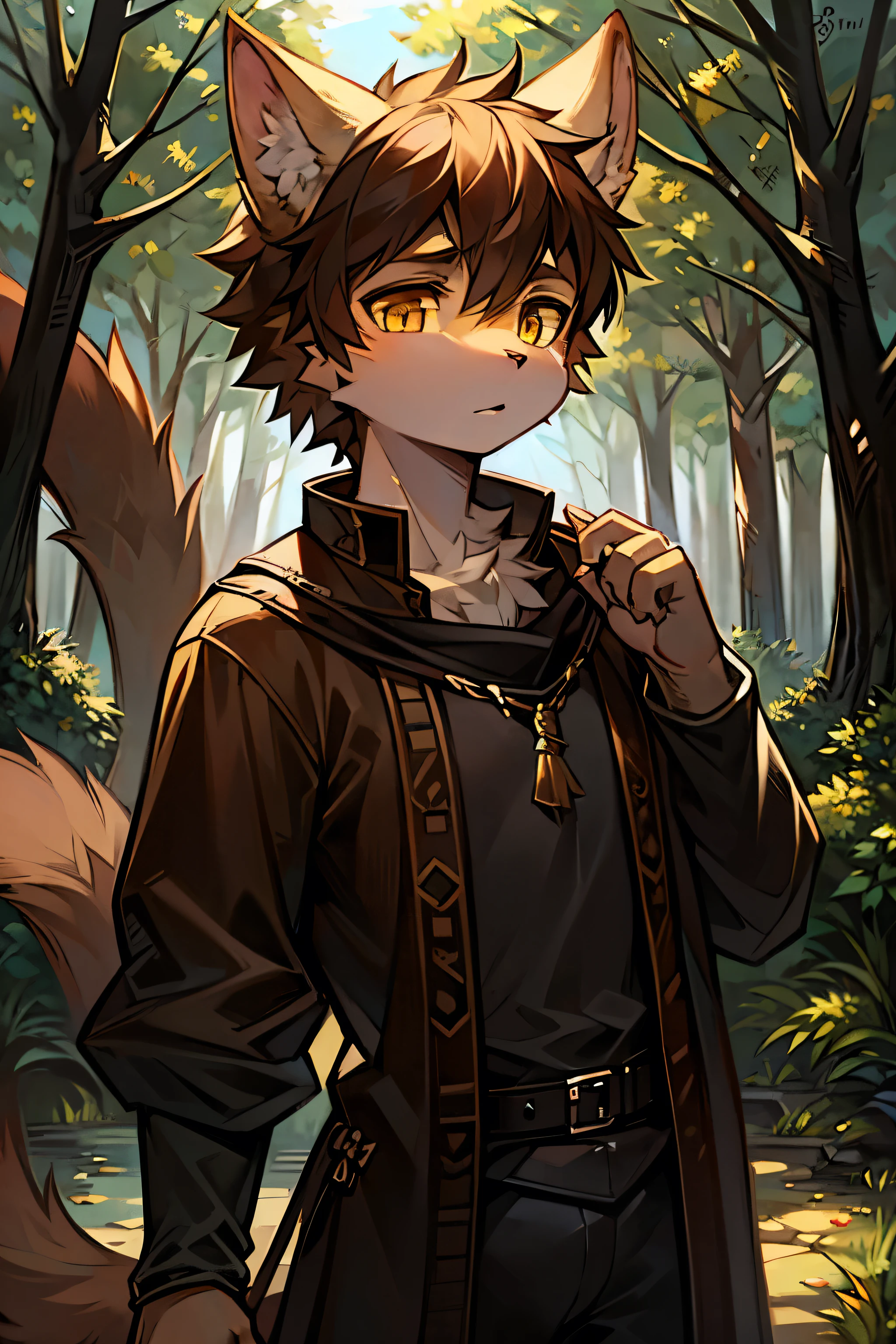 1boy, Brown cat ears, cat, brown, fur brown, cat tail, thin, (detailed face), yellow eyes, medieval, forest background