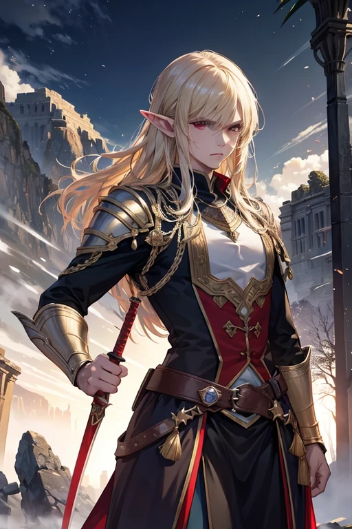 (best quality, masterpiece:1.2), realistic, DND, Male, Elf, Swordsman, handsome, muscular, tall, lean, ruby red eyes, blonde, medium length hair, red/silver armor, solo, ready to fight, forest background, ancient ruins, majestic sword, magical aura, epic pose, detailed elven features, fierce expression, intense battle atmosphere, dramatic lighting, vibrant colors, dynamic composition, mystical ambiance.