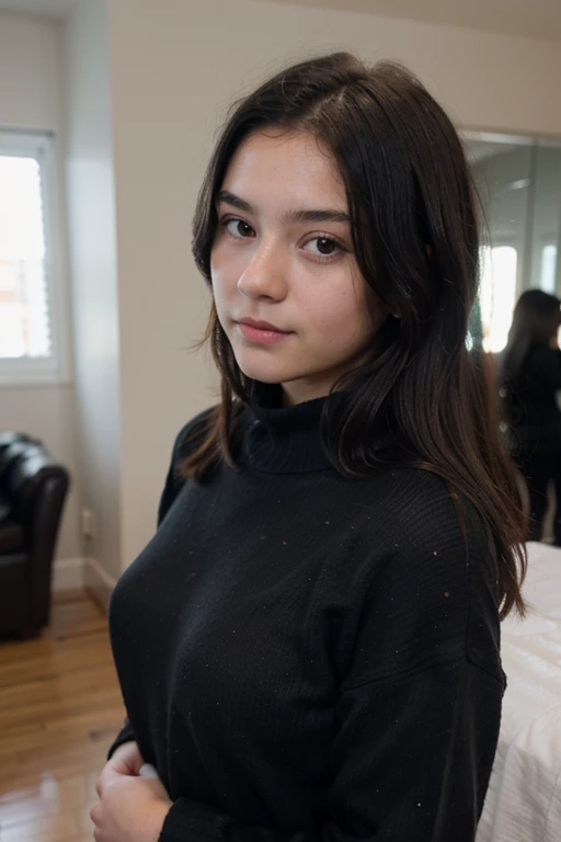 a girl with straight black hair wearing a black sweater selfie