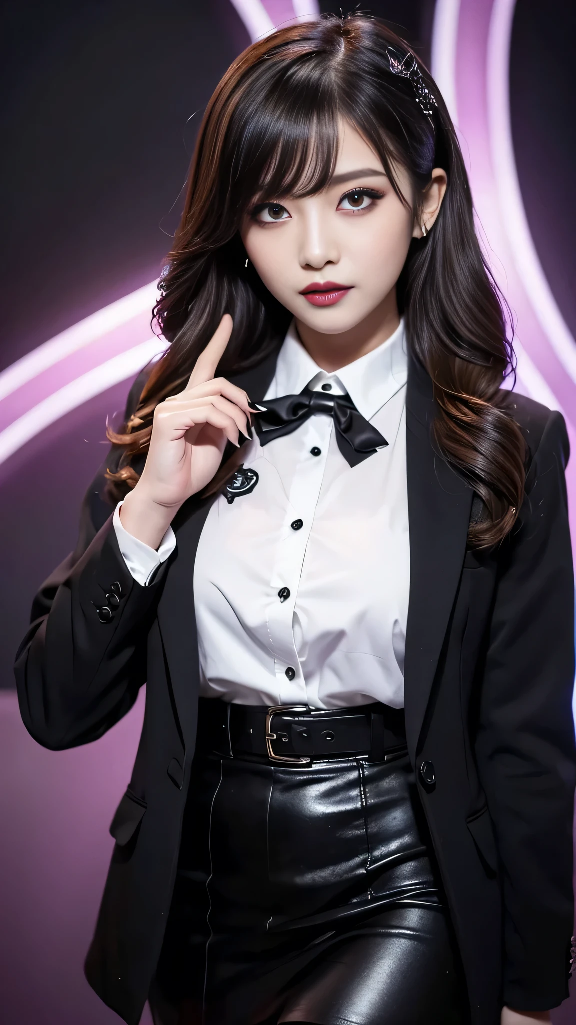 best quality、ultra-detailed、4k、Japanese、Seductive beauty、seductive adult woman、Pretty Woman、cool girl、Villainess、Brainwashed、brainwash、Fallen into evil、smirk、Evil look、Wicked Smile、evil、Brown hair、wavy hair、swept bangs、dark makeup、dark makeup、piercing eyes、hollow eyes,half-closed eyes、Hollow Eyes、purple Eyeshadow、black lipstick、black lipglos、uniform、blazer、White Shirt、Black Ribbon、flare skirt、pantyhose、night、inside darkroom、Has a switch、Emblem of Evil、Crest of Darkness、Swear allegiance、I have pledged my allegiance、Dye black、Blackening、Stained with evil、Dyed in darkness、Whisper in my ear