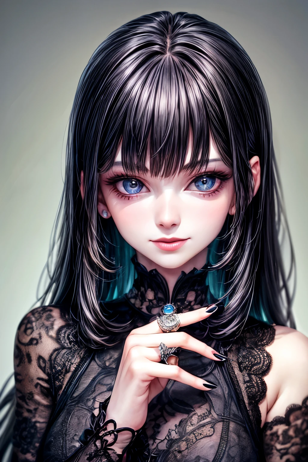 ((worst quality, low-quality)), ((a closeup)), very cute goth anime girl with black hair and bangs, wearing rings on her fingers, pale skin, sharp eyes, dark makeup, she has long acrylic nails that have been painted silver, intricate rings on fingers, wearing an all-black outfit, She exudes sophistication and cool. in the style of hyper realistic. fasion style, mysterious smile, (Perfect Hand: 1.2), Top quality, Super detail, Masterpiece,