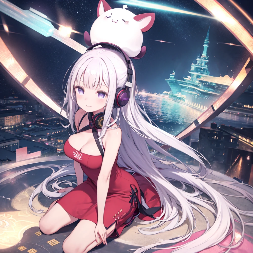 Headphonesをつけて棚に座っている制服姿のアニメの女の子、highest quality、whole body、Slender beauty、Gold Ship、One girl ,((Bright purple eyes)))、Straight hair、Keep your bangs the same length、Patsun、Bob Hair、(((white hair color)))、red boater hat、(((Red dress)))、((Sleeveless))、Beautiful big breasts、Sit on,highest quality,Tabletop, magic , Princess, Adventurous girl, smile、zettai ryouiki,Perfect handss,Put your arms behind your back、be quiet, From above,Yoga poses、The most amazing views in the world,A pose that emphasizes the chest,Perfect hands、arm lock,Headphones、ゲーミングHeadphones