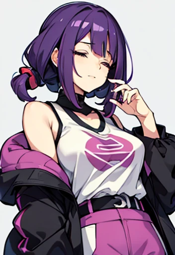 Human female mommy, solo , purple hair , half Closed eyes , pokémon wold