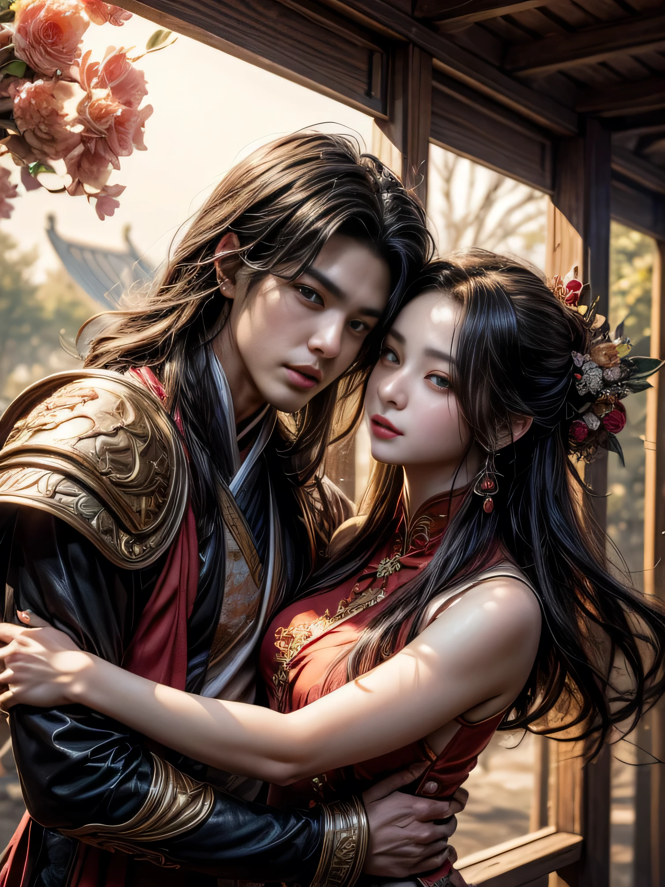 arafed image of a couple of asian woman and man hugging each other in Peach Garden, Peach Garden detailed background, xianxia fantasy, jingna zhang, game cg, wuxia, inspired by Chen Yifei, xianxia, xianxia hero, 2. 5 d cgi anime fantasy artwork, heise jinyao, chinese fantasy, beautiful render of tang dynasty, heise-lian yan fang, (perfect full face:1.5), (high detail:1.1), 4k best quality, 8k character details, high quality anime art, high quality illustration, detailed anime wallpapers, detailed anime art, hyper-realistic, elegant, high quality realistic anime art