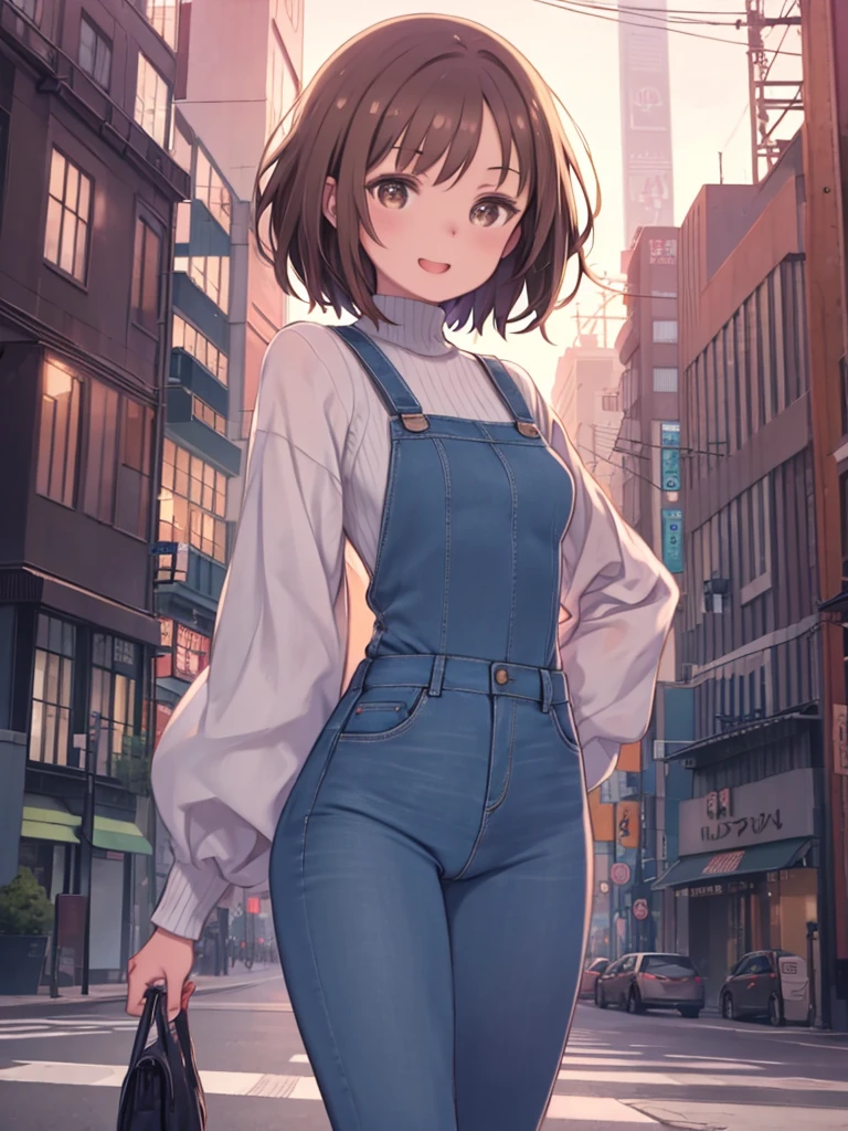 Cartoon drawing of a woman in jeans and a white shirt、(highest quality, Very detailed, Dynamic Lighting) Young woman with brown hair, nice, mature, beautiful, Bob Hair, Brown eyes, Chubby, Small～Mid-chest, Laughter, Yellow sleeveless knit turtleneck, High waist denim pants, Tokyo city background, From the back, niceなお尻, niceなヒップ, Camel Toe.
