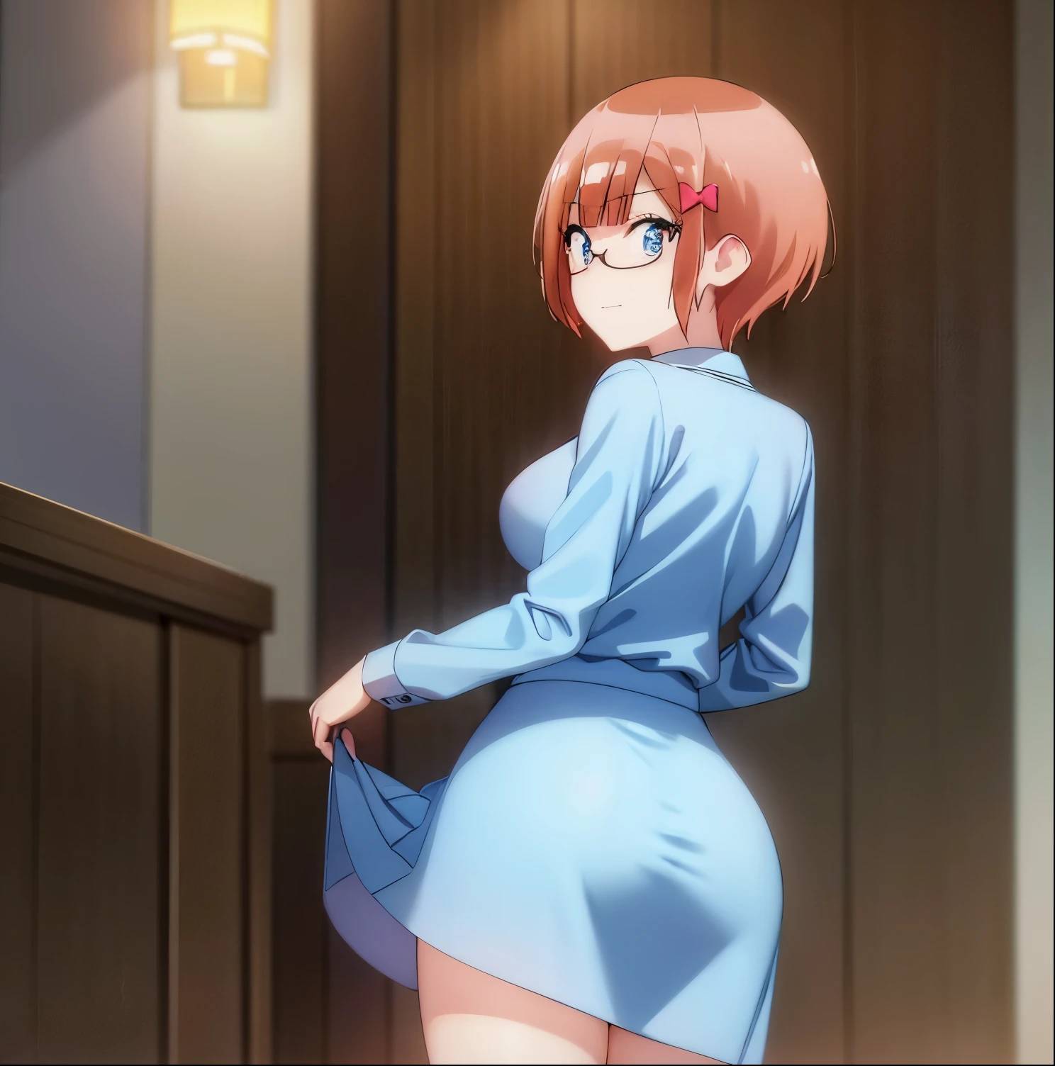 1girl, alone, rizu ogata, ((masterpiece)), ((Best quality)), (Ultra detailed), in bed, light blue blouse, long sleeve, neckline, pink skirt, long skirt, heels, ((pretty eyes ) ), big breasts, 1 girl in the library, alone, good lighting, Embarrassed, seductive, Rizu ogata, blue eyes, no glasses, long hair, orange hair, ((pretty eyes)), smile, big breasts, medium waist , wide hips, medium thighs, perfect anatomy, perfect hands, from behind, looking at viewer, from behind, pov (from below), round butt, stockings, , night, moon, curvy body