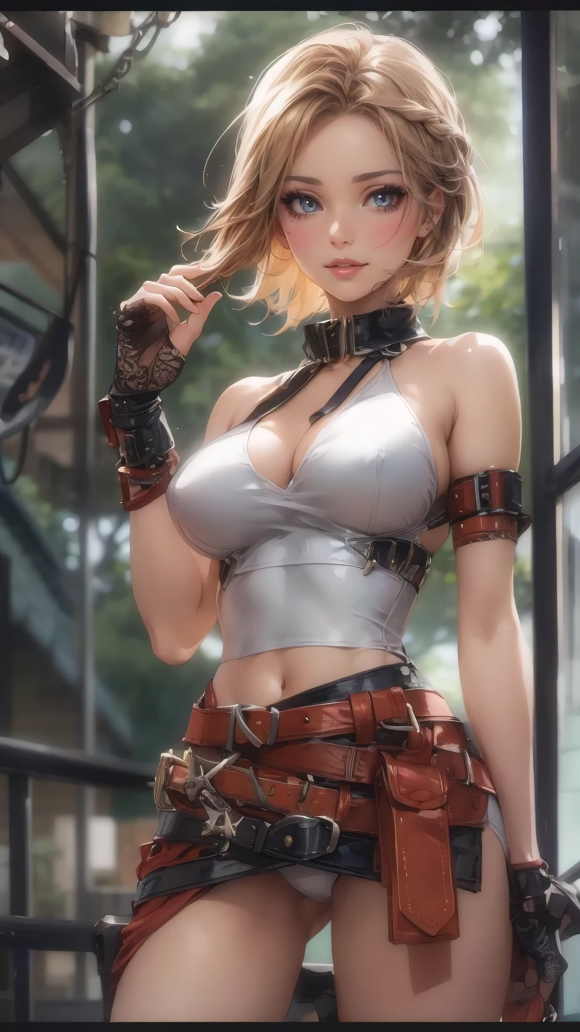 (best quality, ultra-detailed, photorealistic), anime realism, illustration by top artists, attractive woman, perfect body, big breasts, wearing a stylish minidress made entirely from belts stitched together, various type of belts, fashion