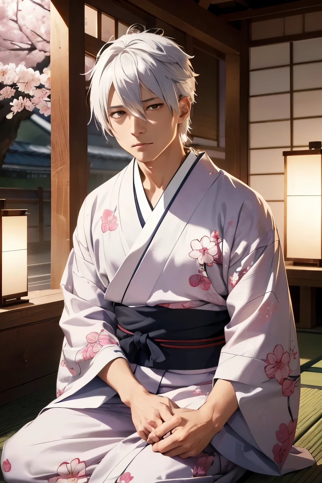 Masterpiece, top quality, 16K UHD,
sitting,
Traditional Japanese house,
Kakashi Hatake from Naruto,
a Japanese man with silver hair,
Surrounded by pink and white cherry blossoms,
Wearing a blue kimono with intricate flower patterns,
Detailed facial features,
Anatomically correct,
Highly detailed facial and skin texture,
Perfectly expressed wisdom and seriousness in his eyes,
Sharp focus on his face,
Sitting serenely with a calm expression,
Cinematographic lighting illuminating the scene,
8K resolution capturing every detail.