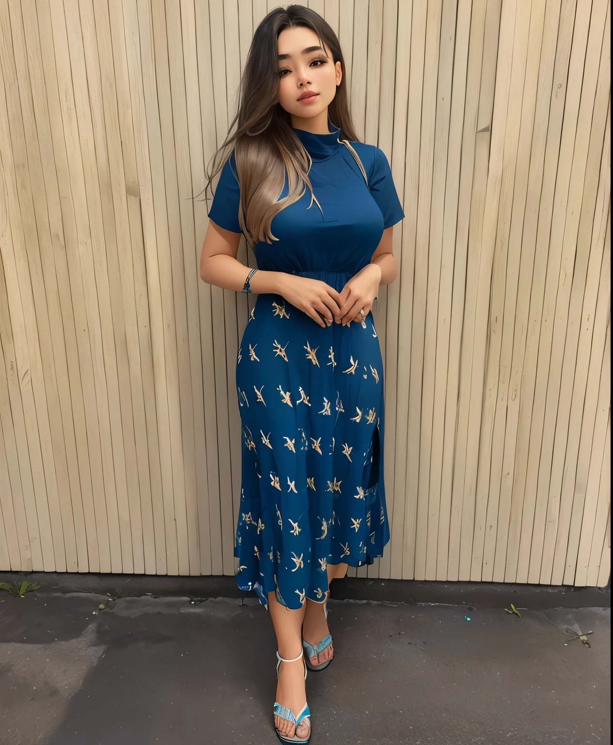 a woman standing in front of a wall wearing a blue saia, long saia, dressed in long fluent saia, flowing blue saia, wearing saia, jovem bonita de corpo inteiro, midi saia, a blue saia, vestido com roupas longas e fluentes, saia, foto de corpo inteiro, vestido longo, cintura alta, vestindo um pescador 🧥, roupa azul, mulher fofa, em um vestido