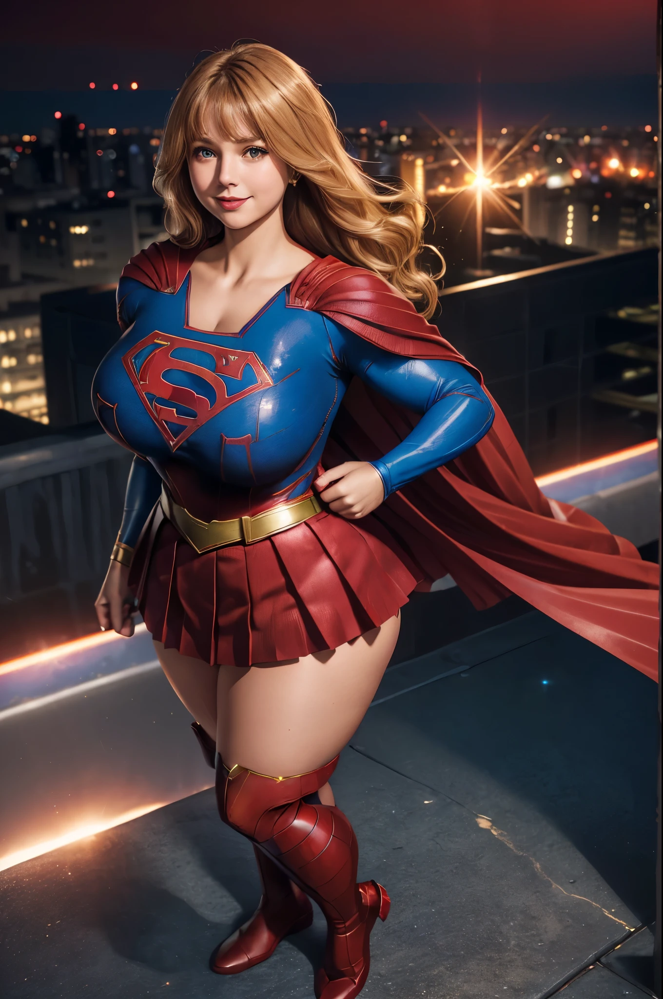 Supergirl, 27 years old, full body shot, Beautiful woman (((shoulder length wavy caramel blonde hair))) (bangs:1.2) defined body, Red lipstick, smiling, hands free, standing, (huge_breasts:1.3) (very full figure, curvy, chubby, very soft, very thick, big breasts, sexy, sexy pose, fat thighs) ((( short sleeve, sparkling blue and red leotard, flowing red cape, red pleated skirt of Supergirl))), rooftop city night, (curvy:1.4)