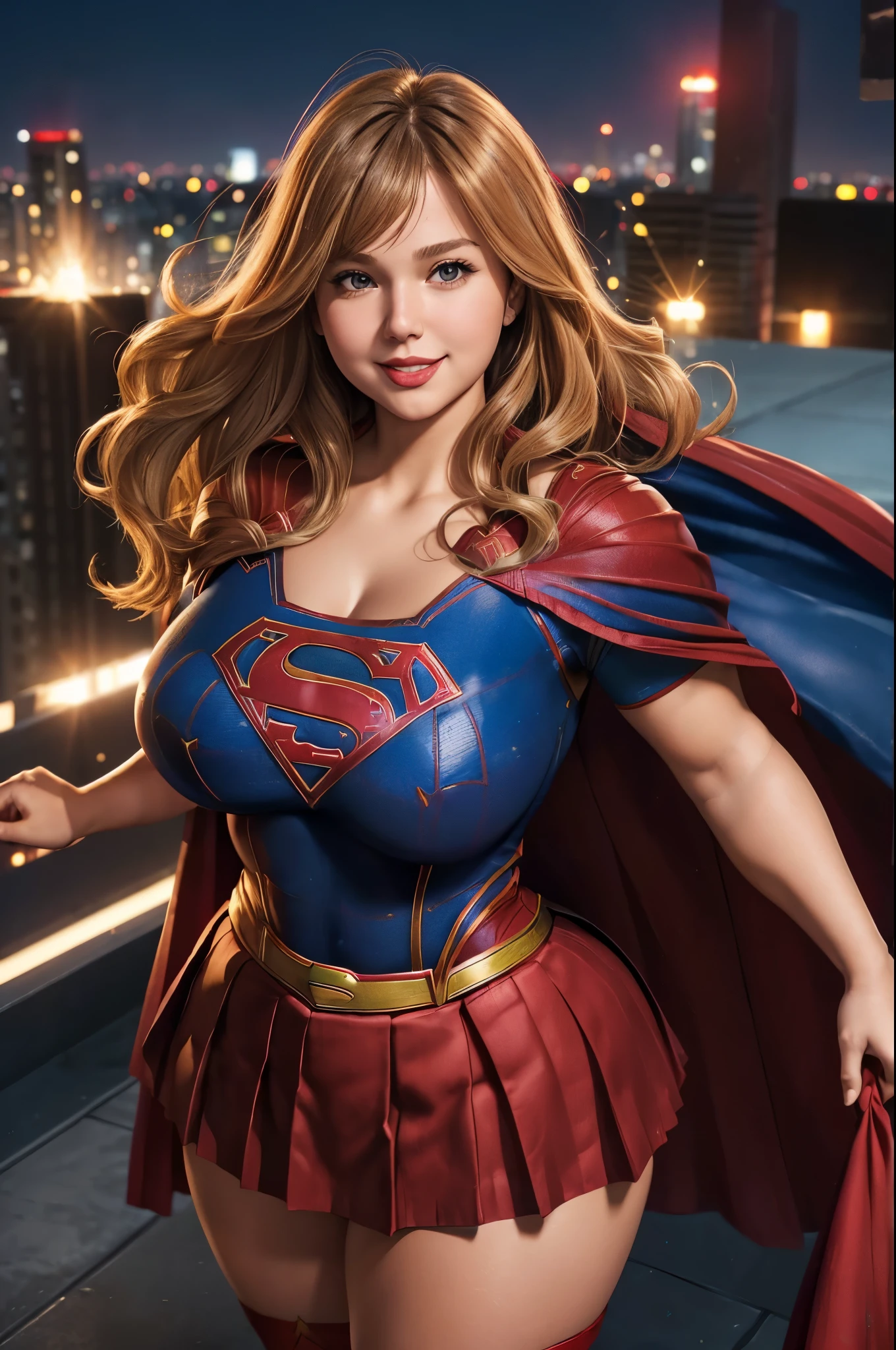 Supergirl, 27 years old, full body shot, Beautiful woman (((shoulder length wavy caramel blonde hair))) (bangs:1.2) defined body, Red lipstick, smiling, hands free, standing, (huge_breasts:1.3) (very full figure, curvy, chubby, very soft, very thick, big breasts, sexy, sexy pose, fat thighs) ((( short sleeve, sparkling blue and red leotard, flowing red cape, red pleated skirt of Supergirl))), rooftop city night, (curvy:1.4)