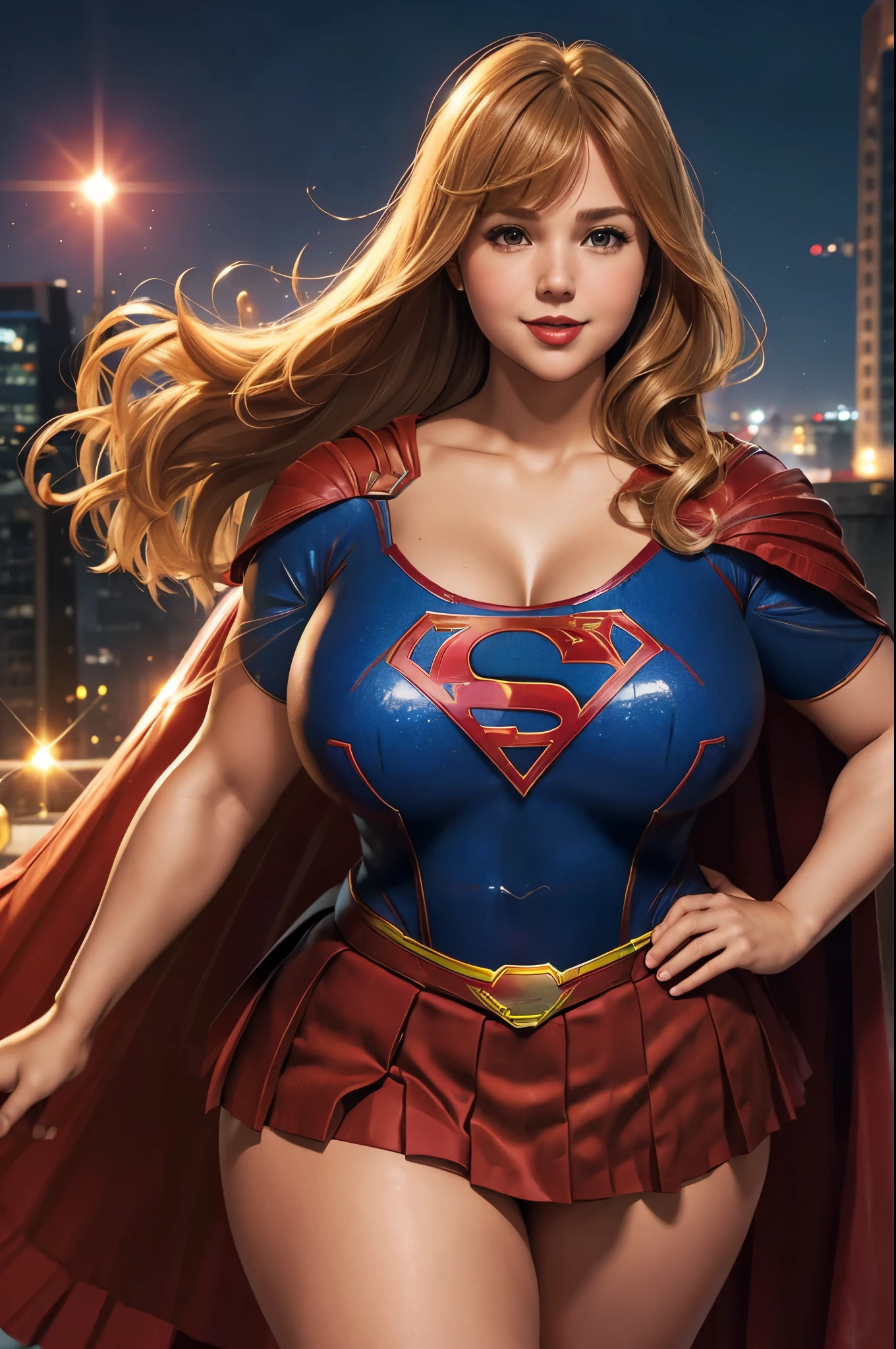 Supergirl, 27 years old, full body shot, Beautiful woman (((shoulder length wavy caramel blonde hair))) (bangs:1.2) defined body, Red lipstick, smiling, hands free, standing, (huge_breasts:1.3) (very full figure, curvy, chubby, very soft, very thick, big breasts, sexy, sexy pose, fat thighs) ((( short sleeve, sparkling blue and red leotard, flowing red cape, red pleated skirt of Supergirl))), rooftop city night, (curvy:1.4)