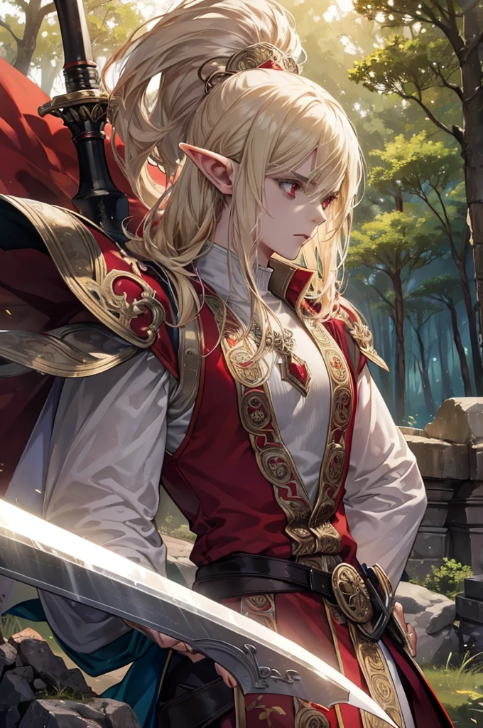 (best quality, masterpiece:1.2), realistic, DND, Male, Elf, Swordsman, handsome, muscular, tall, lean, ruby red eyes, blonde, medium length hair, red/silver armor, solo, ready to fight, forest background, ancient ruins, majestic sword in one hand, magical aura, epic pose, detailed elven features, fierce expression, intense battle atmosphere, dramatic lighting, vibrant colors, dynamic composition, mystical ambiance.
