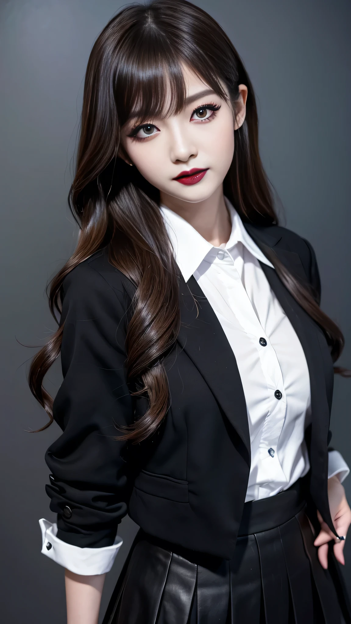best quality、ultra-detailed、4k、Japanese、Seductive beauty、seductive adult woman、Pretty Woman、cool girl、Villainess、Brainwashed、brainwash、Fallen into evil、smirk、Evil look、Wicked Smile、evil、Brown hair、wavy hair、swept bangs、dark makeup、dark makeup、piercing eyes、hollow eyes,half-closed eyes、Hollow Eyes、purple Eyeshadow、black lipstick、black lipglos、uniform、blazer、White Shirt、Black Ribbon、flare skirt、night、inside school、Has a switch、Emblem of Evil、Crest of Darkness、Swear allegiance、I have pledged my allegiance、Dye black、Blackening、Stained with evil、Dyed in darkness、Whisper in my ear