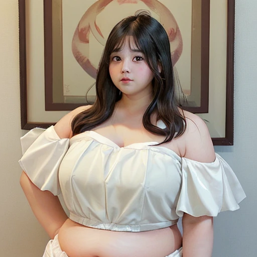 1 girl, Slightly obese body, Big Size, Round face, Double chin, Overweight, Shoulder-length fluffy hair ,  belly button，Jersey、 Full body photography , Beauty