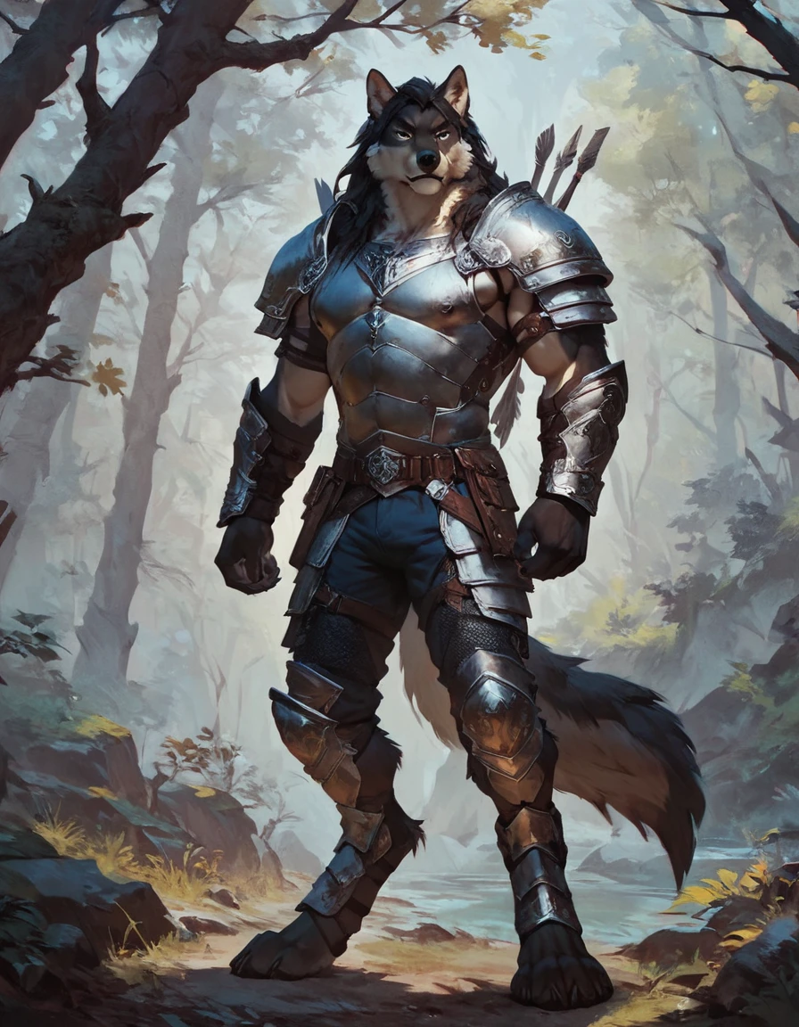 score_9, score_8_up, score_7_up, score_6_up,(solo), anthro male wolf, proud serious expression, shorts, muscular, standing, armor, digitigrade, warrior, forest, long hair, concept art, dark ambience
