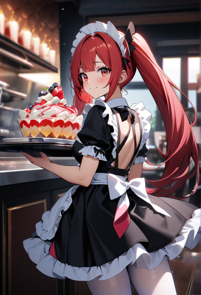 High quality, high definition, hig
h precision images,8k 1 girl Robot Girl、red hair,Twin tails,Red eyes.(robot style red and white barrette)、colorful maid Cafe, ((White and red luxurious frilled maid outfit,))Place a large pink parfait on a tray and hold it with one hand.、smile.back view,White garter belt, white tights,A little bit of white panty is visible.Look back and smile,