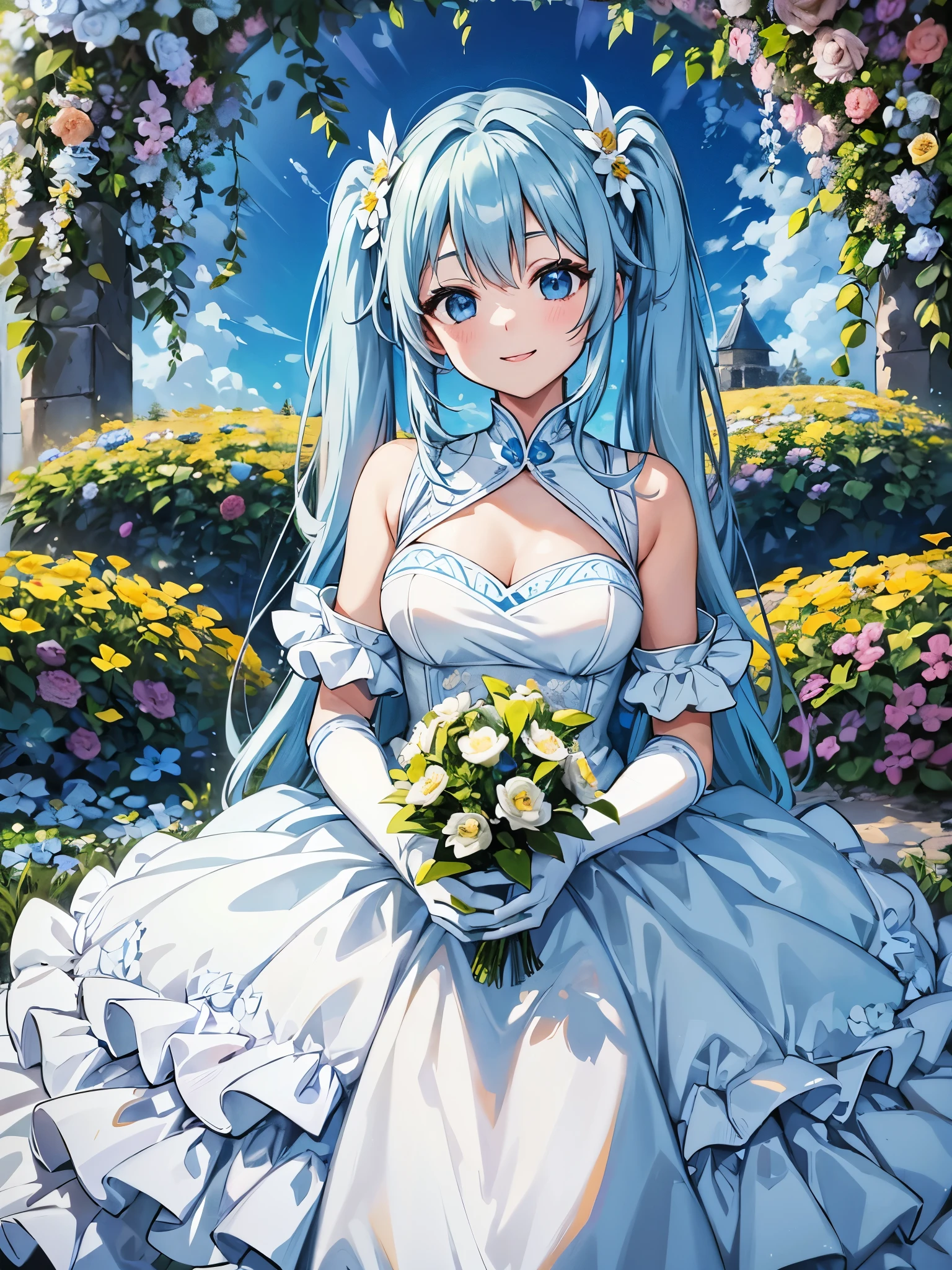 Light blue long hair、Beautiful girl with twin tails、Great smile、long gloves in white、Big Diamond、A long dress in vibrant yellow and brown、A garden full of flowers、looking at the camera、