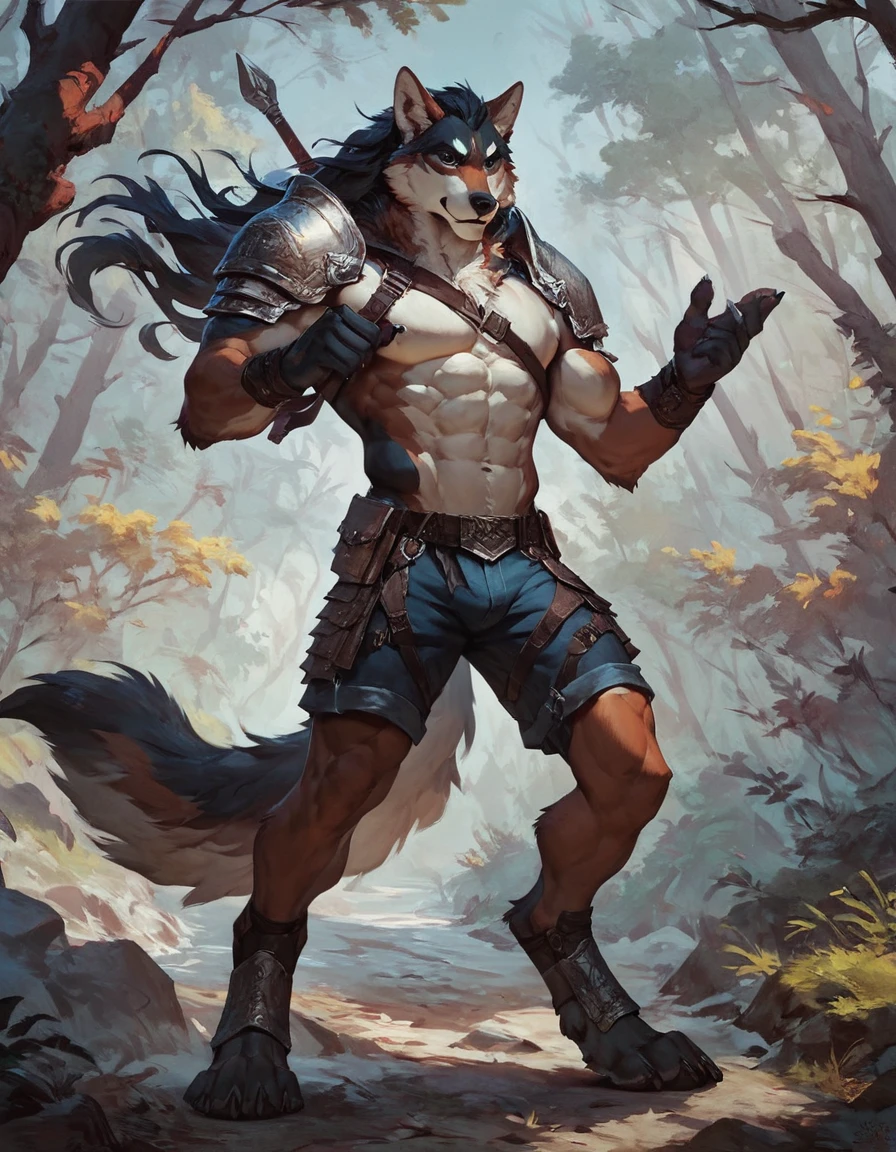 score_9, score_8_up, score_7_up, score_6_up,(solo), anthro male wolf, proud serious expression, shorts, muscular, standing, armor, digitigrade, warrior, forest, long hair, concept art, dark ambience, topless