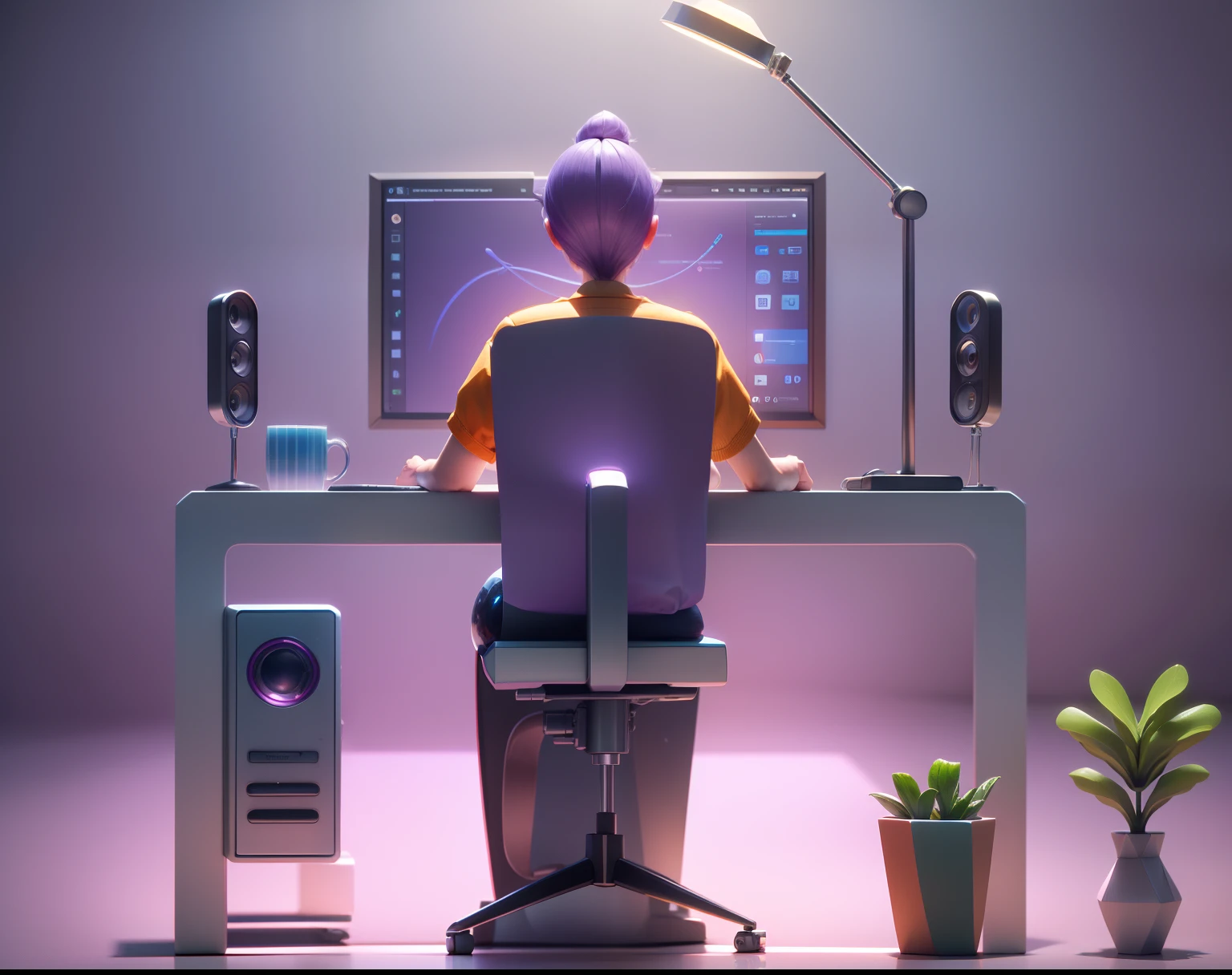 "(Isometric perspective:1.5),(In the style of Pixar:1.2), Table lamp,desk, Windows, 3D modeling, lilac background, Global Illumination, ray traced, HDR,Rendering,unreal render,beste-Qualit,8K,"