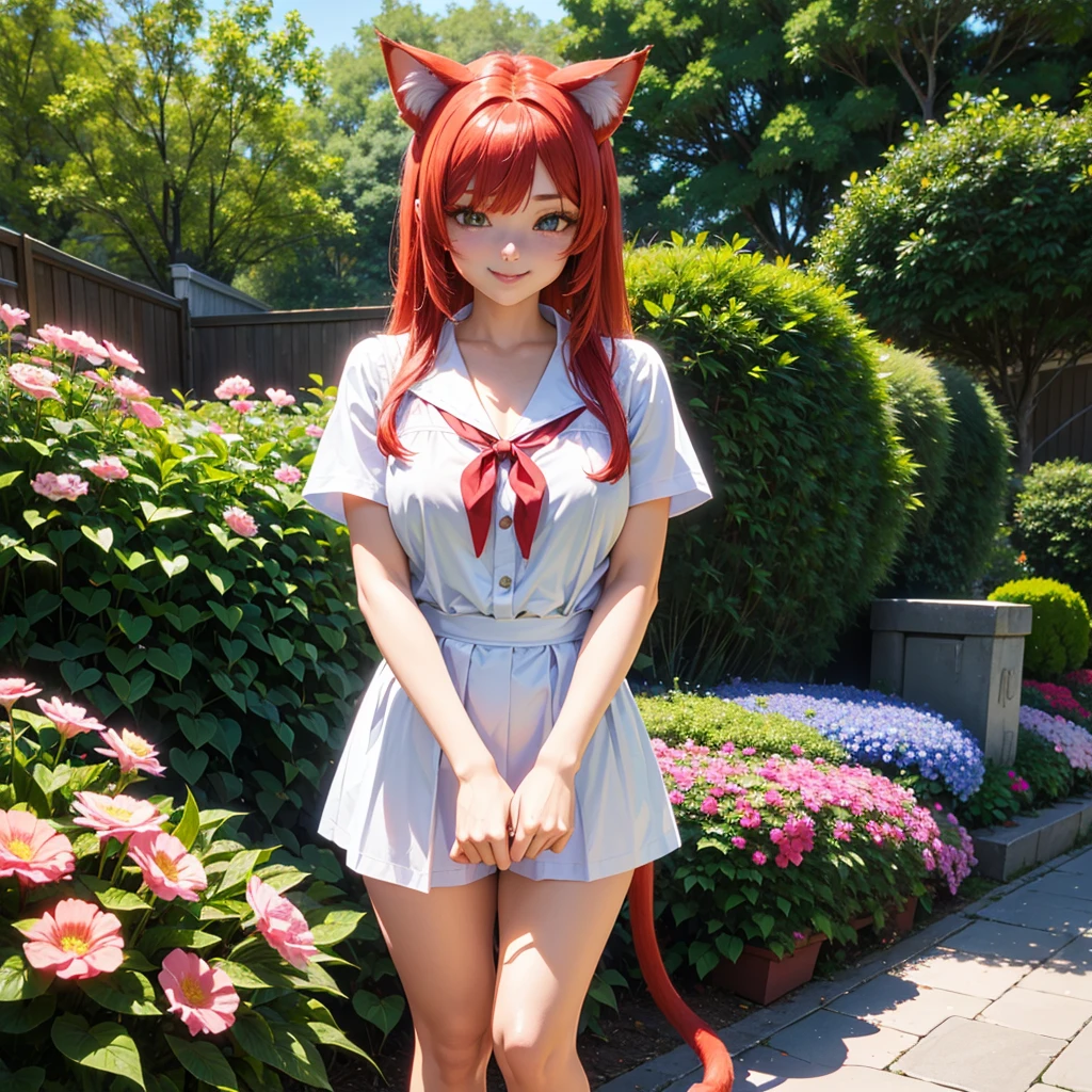 1girl, ebenya, looking at viewer, red and blue hair, neko, cat ears, cat tail, white blouse, open clothes, highres, vivid colors, anime, garden background, flowers, sunlight, smiling。