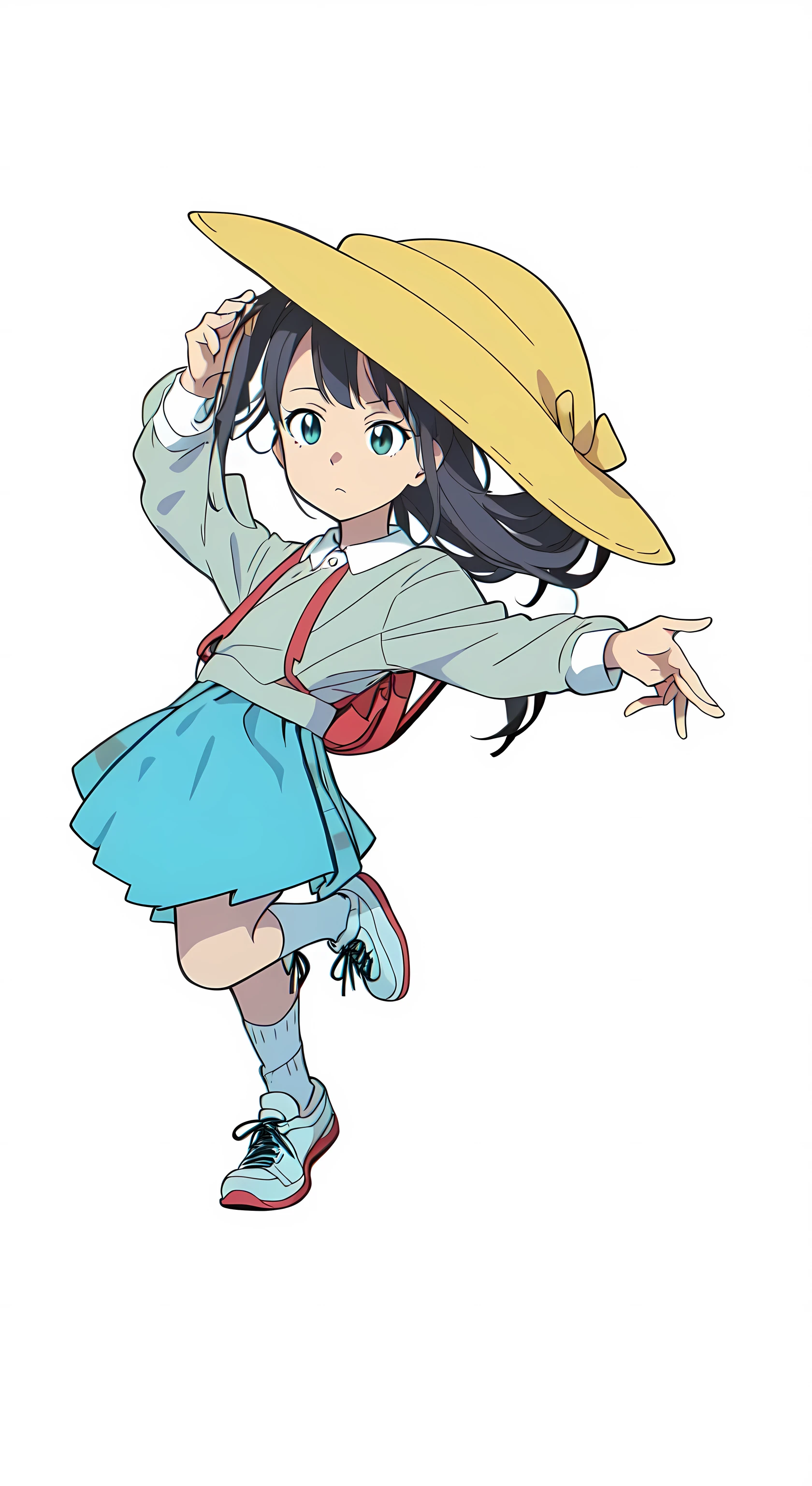 (white background:1.0), (best quality:1.0), (masterpiece:1.0), (super fine illustration:1.0), (beautiful artwork:1.0), (anime screencap:1.0), (official art:1.0), (full body:1.0), (solo:1.0), (ESGA:1.0), (a 12yo cute girl:1.0), (yellow hat:1.25), (red backpack:1.0), (long skirt:1.0), (green tartan skirt:1.0), (pleated skirt:1.0), (aqua blue polo shirt:1.0), (long sleeve polo shirt:1.0), (sneakers:1.0), (white socks:1.25), (ideal ratio body proportions:1.0), (lanky:1.0), (tall:1.0), (slender:1.0), (small breasts:1.0), (smaller face:1.0), (tareme:1.5), (detailed beautiful eyes:1.5), (detailed beautiful face:1.5), (glowing black eyes:1.1), (short hair:1.0), (swept bangs:1.5), (twin braids:1.5), (black hair:1.0), (looking at viewer:1.5)