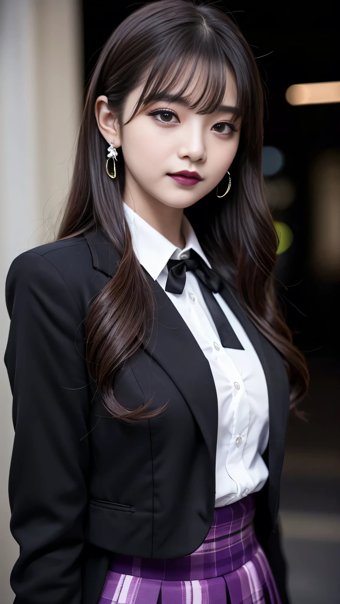 best quality、ultra-detailed、4k、Japanese、Seductive beauty、seductive adult woman、Pretty Woman、cool girl、Villainess、Brainwashed、brainwash、Fallen into evil、smirk、Evil look、Wicked Smile、evil、Brown hair、wavy hair、swept bangs、dark makeup、dark makeup、piercing eyes、hollow eyes,half-closed eyes、Hollow Eyes、purple Eyeshadow、black lipstick、black lipglos、uniform、blazer、White Shirt、Black Ribbon、flare skirt、night、inside school、Has a switch、Emblem of Evil、Crest of Darkness、Swear allegiance、I have pledged my allegiance、Dye black、Blackening、Stained with evil、Dyed in darkness、Whisper in my ear