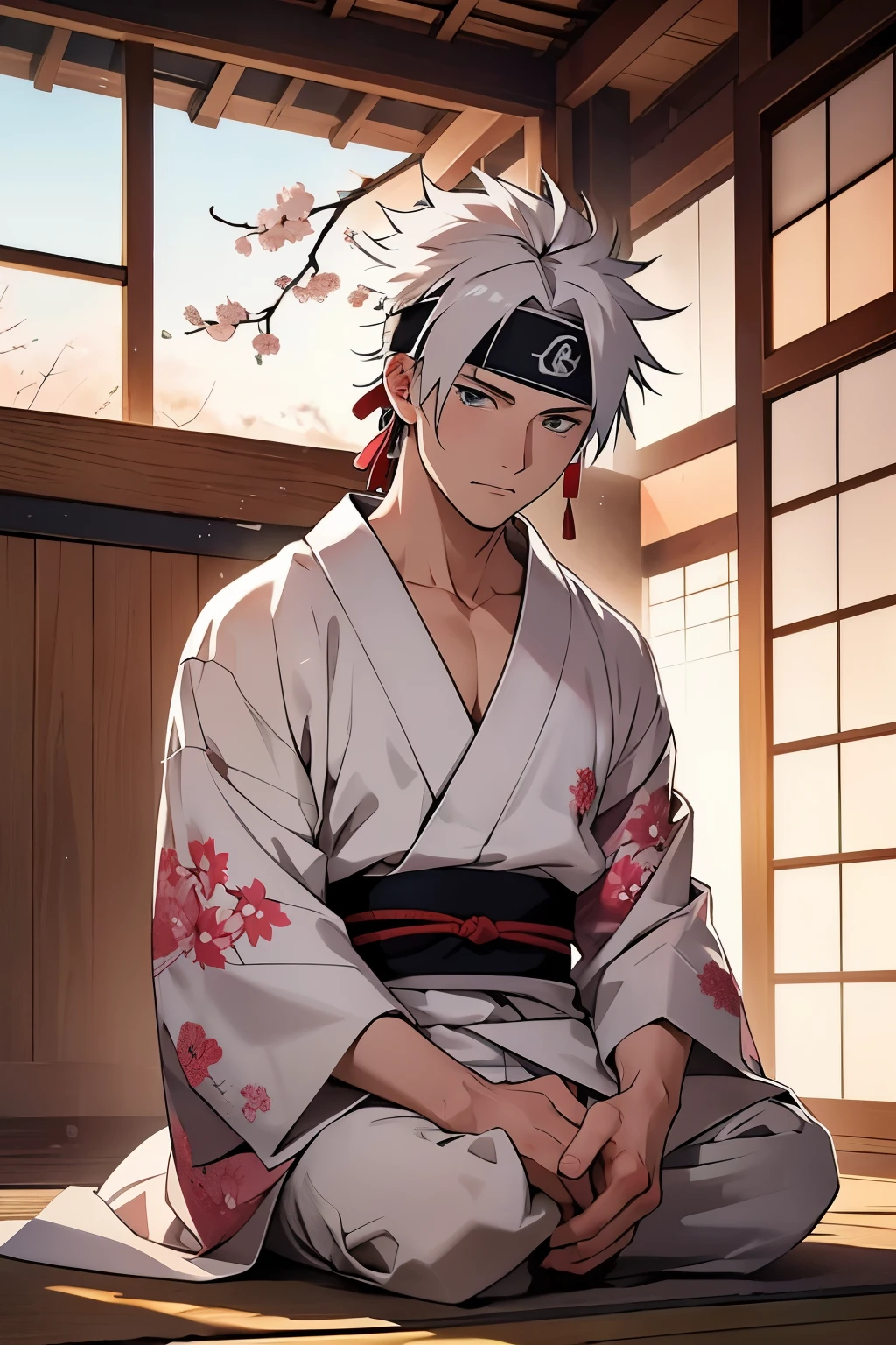 Kakashi Hatake, the renowned Japanese man with short, silver hairstyle that shimmered under the gentle spring sun, sat serenely in a traditional Japanese house bathed in the ethereal glow of pink and white cherry blossoms. The tranquility of the scene was punctuated by his presence, as he donned a vibrant kimono adorned with intricate flower patterns, the fabric flowing gracefully with every breath he took. The ninja headband, a symbol of his status and dedication, rested firmly upon his forehead, its symbolic leaf seemingly alive under the soft light. The serene ambiance was a stark contrast to the steely gaze that emanated