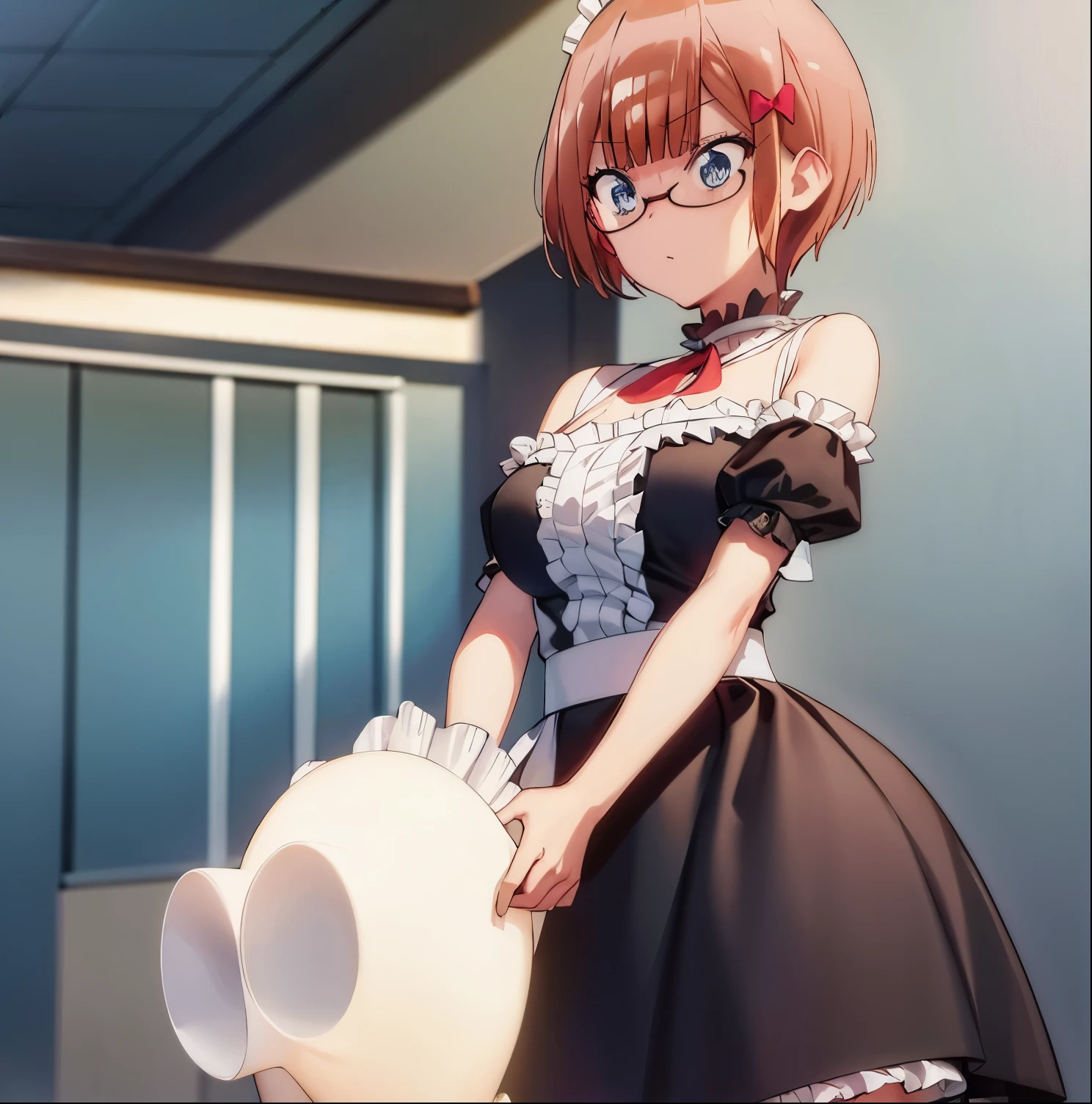 1girl, alone, rizu ogata, (extremely detailed CG unity 8k wallpaper), (masterpiece), (best quality), (ultra detailed), (best illustration), (best shadow), (absurdities), 1girl, alone , ogata rizu, maid, maid headdress, choker, wristbands, short sleeves, neckline, looking down, hands on hips, arms crossed, indoors, cafe, standing, from behind, looking at viewer, from behind, point of view (from below), round butt, curvy body, perfect hands, perfect anatomy