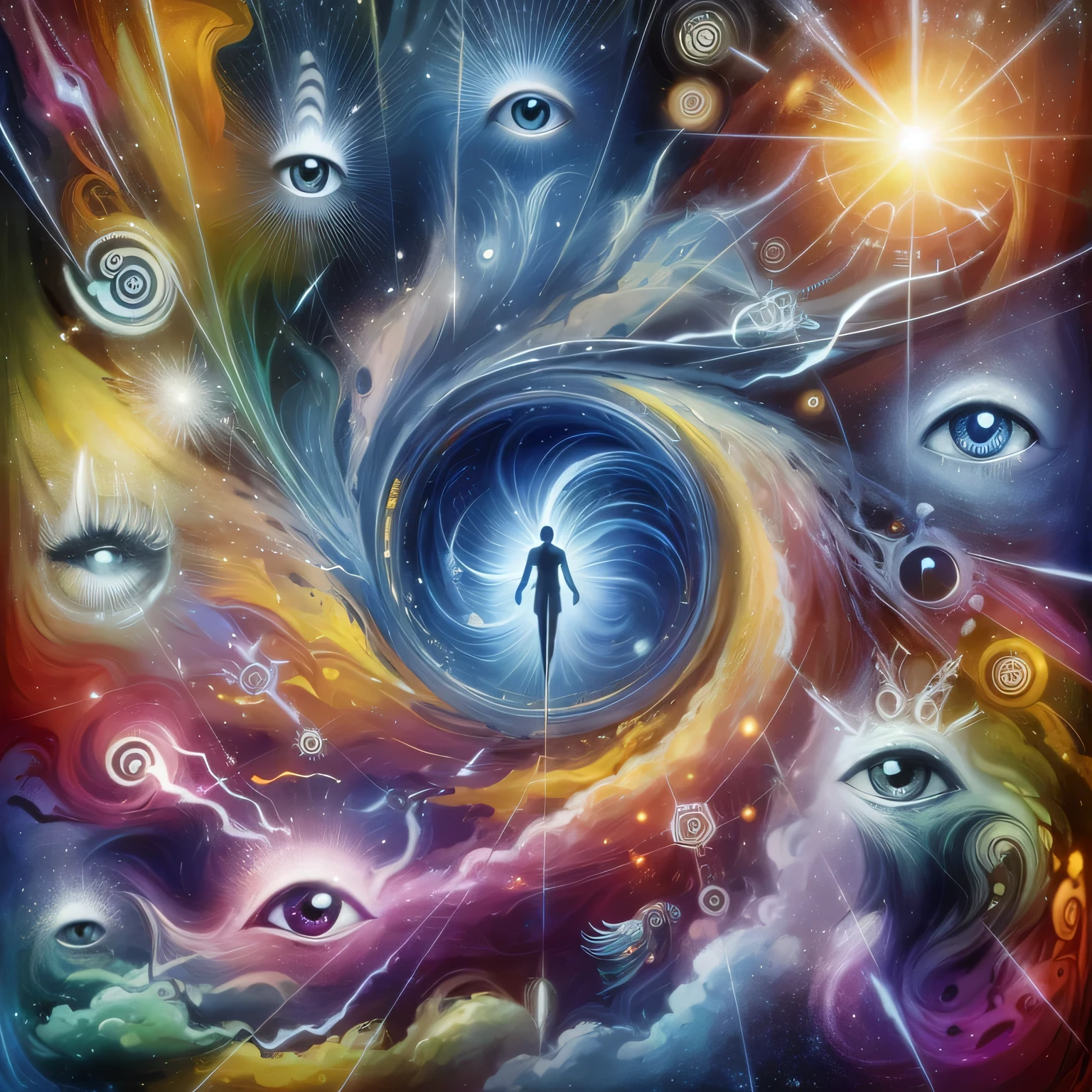 A painting of a person standing in a vortex with many eyes - SeaArt AI