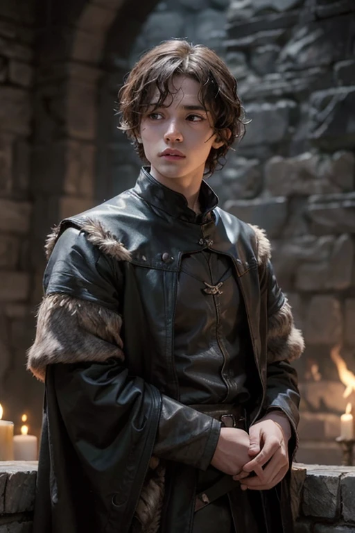 Joven, 18 year old boy very curly hair, game of thrones, looking ahead to the horizon, mirada intimidante, abrigo de piel con pelo, imagen de la cintura para arriba, sin barba, sin pelo en la barbilla, rasgos finos, delgados y delicados, lindo