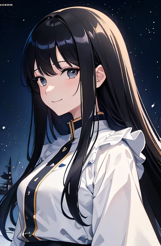 Magazine Cover. anime. alone. 1- Female. A young woman with long black hair and black eyes smiling gently. She is wearing a white outfit with blue decorations. Fantasy Theme. Upper Body. Half Body Portrait.