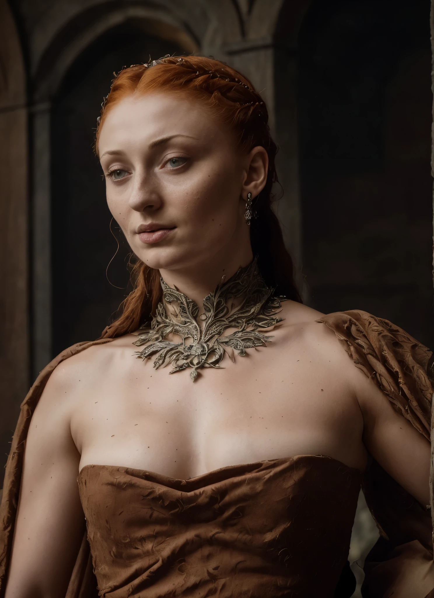 ( Photograph of Sophie Turner as hot queen ) (random photo , full body shot, thick figure, fleshy body, tall woman ) Alayne Stone, Gorgeous Woman, Thick figure, fleshy body, juicy lips, insane details, high level of edits, Queen, queen lady, Lady of Winterfell, Wardeness of the North,) the de facto Lady of the Eyrie, 40 years Old, she  a Full growned mature lady now, beautiful mature lady, the queen, milf beauty, mature queen, a captivating woman, beautiful queen, empress, mediaeval queen, alluring appearance, unrivaled beauty, , mediaeval erotic costumes, a Game of Thrones-inspired costume, a close-up of a woman from the middle ages, scene from "Game of Throne," deep cleavage, warrior princess, healthy body, perfect thick body, attractive figure, fleshy body, style of "Game of Throne,", stunning woman, dress made of leather  clothe ( ( insanely detailed realistic skin texture, pores, wrinkles ,freckles) , realistic environment, detailed ultra realistic facial features perfect body parts, ( hyper photorealistic) ), thick figure, curvy, bulky figure, 