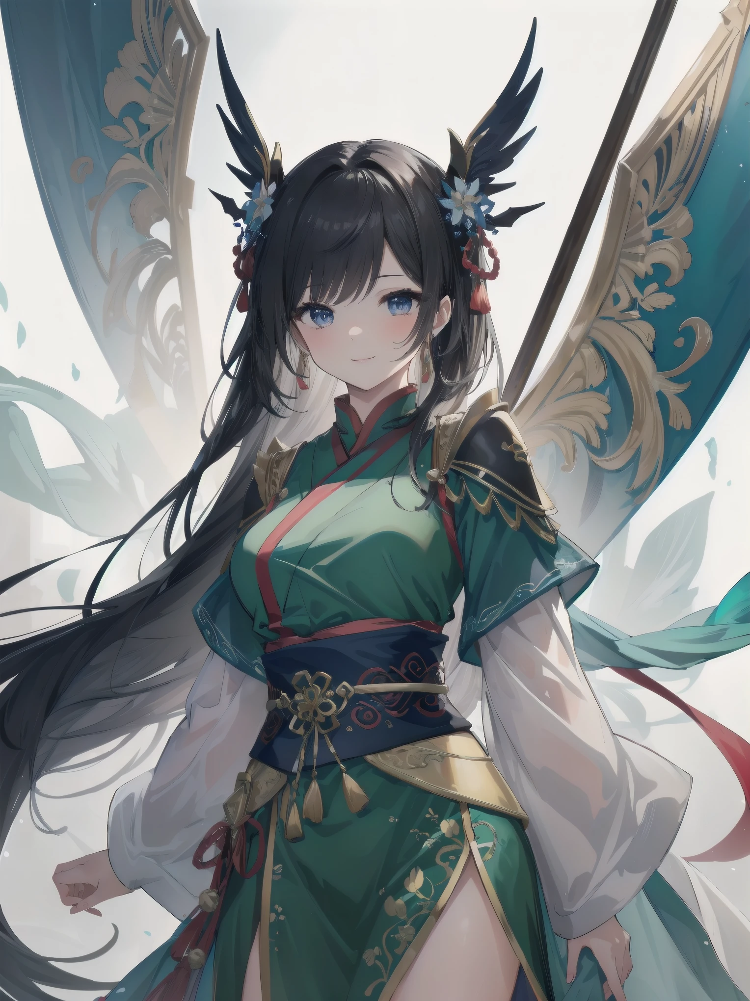 Masterpiece, top quality, highest quality, one girl, solo, arafi girl in green dress, decorated Korean pole arm behind, Unreal Engine rendering + goddess, Korean MMO, inspired by Lam Qua, bewitching expression 16k, female character, smiling girl character, warrior outfit, inspired by Li Mei-shu, 16k detail fantasy, 16k character detail