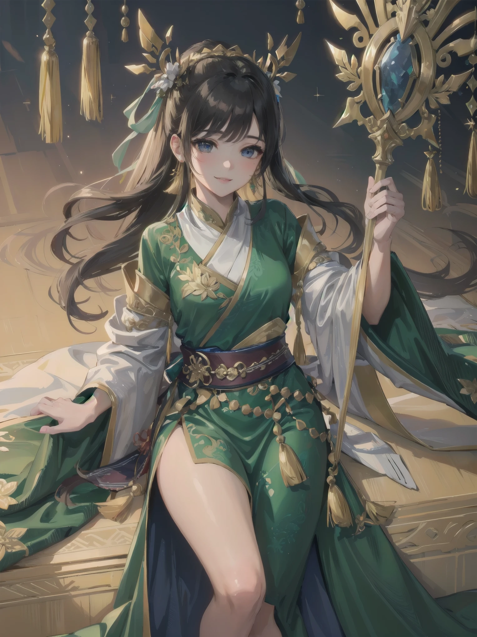 Masterpiece, top quality, highest quality, one girl, solo, arafi girl in green dress, decorated Korean pole arm behind, Unreal Engine rendering + goddess, Korean MMO, inspired by Lam Qua, bewitching expression 16k, female character, smiling girl character, warrior outfit, inspired by Li Mei-shu, 16k detail fantasy, 16k character detail