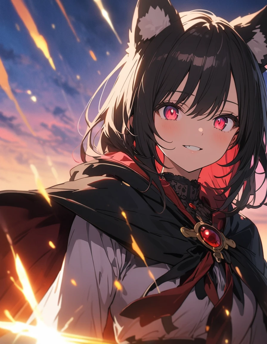 masterpiece, highest quality, 非常にdetailedな, figure, One girl, Long black hair, eyes bright red, Wolf Ears, Black Cape, Fluffy collar, sunset、(highest quality、masterpiece、High resolution、detailed)、animeスタイル、Flat Style、(Shining Eyes、detailed美しい顔), BREAK、extremely detailed、High saturation,Dynamic Angle、anime