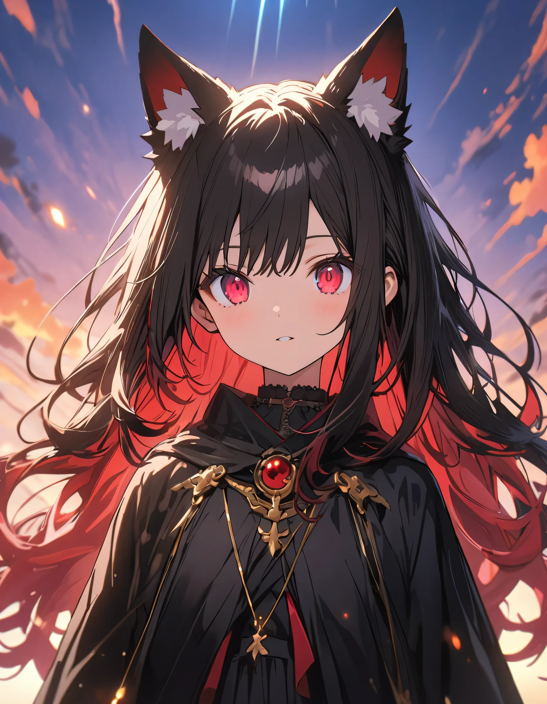 masterpiece, highest quality, Very detailed, figure, One girl, Long black hair, eyes bright red, Wolf Ears, Black Cape, Fluffy collar, sunset、(highest quality、masterpiece、High resolution、detailed)、anime style、Flat Style、(Shining Eyes、Beautiful Face), BREAK、extremely detailed、High saturation,Dynamic Angle、anime