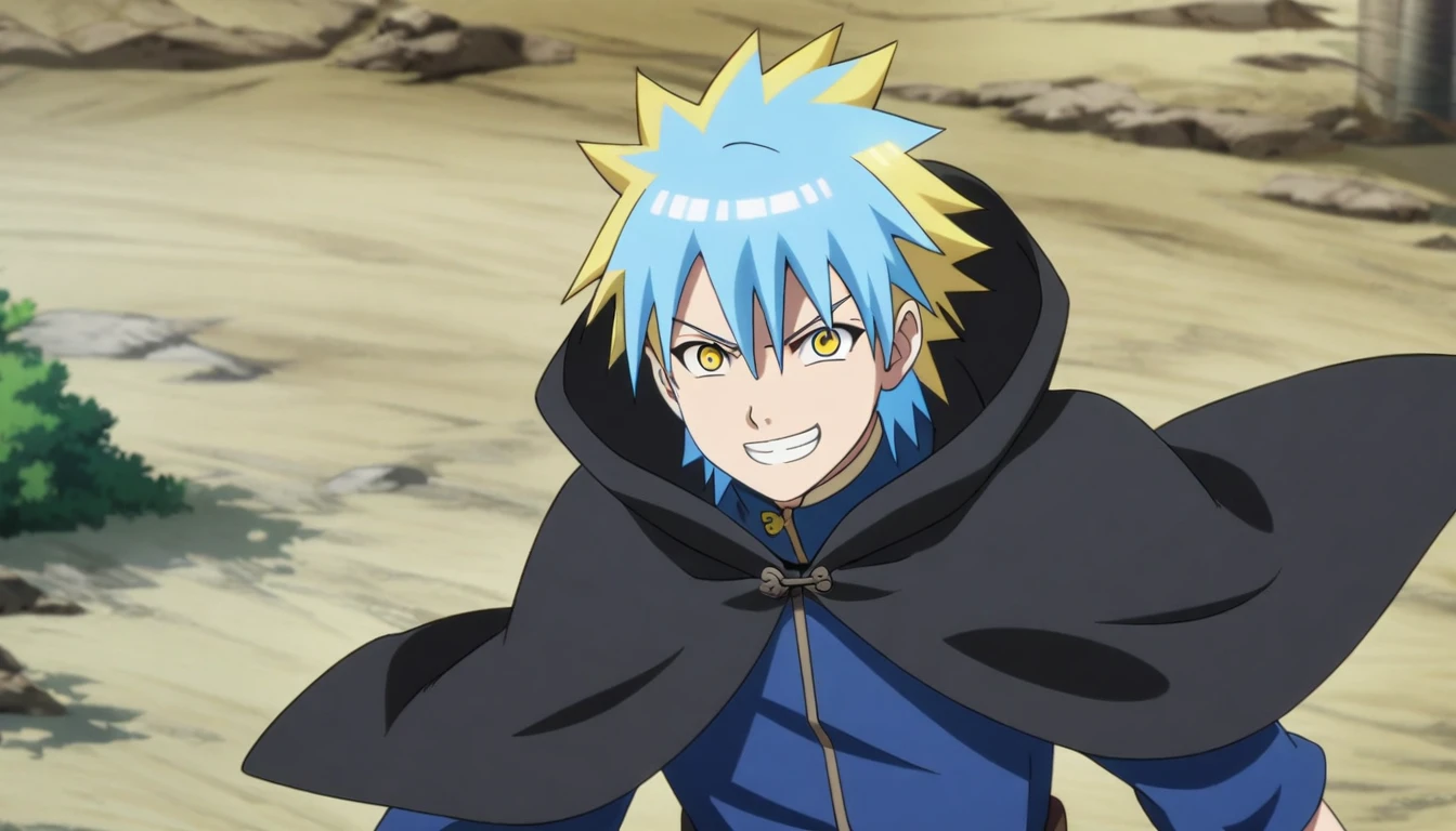 1Male,Yellow Hair,light blue multicolored hair,yellow eyes,Blue Outfits,black cloak,smiles,Anime Style,Rimuru style,Naruto Style
