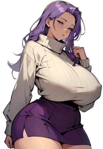 ((Human female Elder ager)), solo , purple hair  ,  manga Style ,big wide hips  , wearing skirt , Sweater  ,