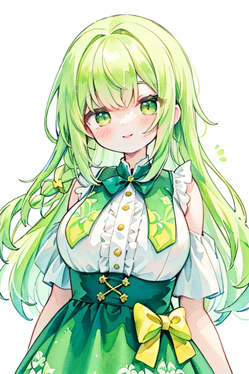 (top-quality、8K、32K、masterpiece、nffsw:1.2)、((Photo of green-eyed woman with bright yellow hair with cute smile:1.3))、((Single braid:2))、(PastelColors:1.3)、(Cute illustration:1.3)、(watercolor paiting:1.1)、yellow theme、Lemon Fairy:1.3(ruffle dress、big ribbon decoration、large full breasts、inside 、Look around、A smile、whitebackground