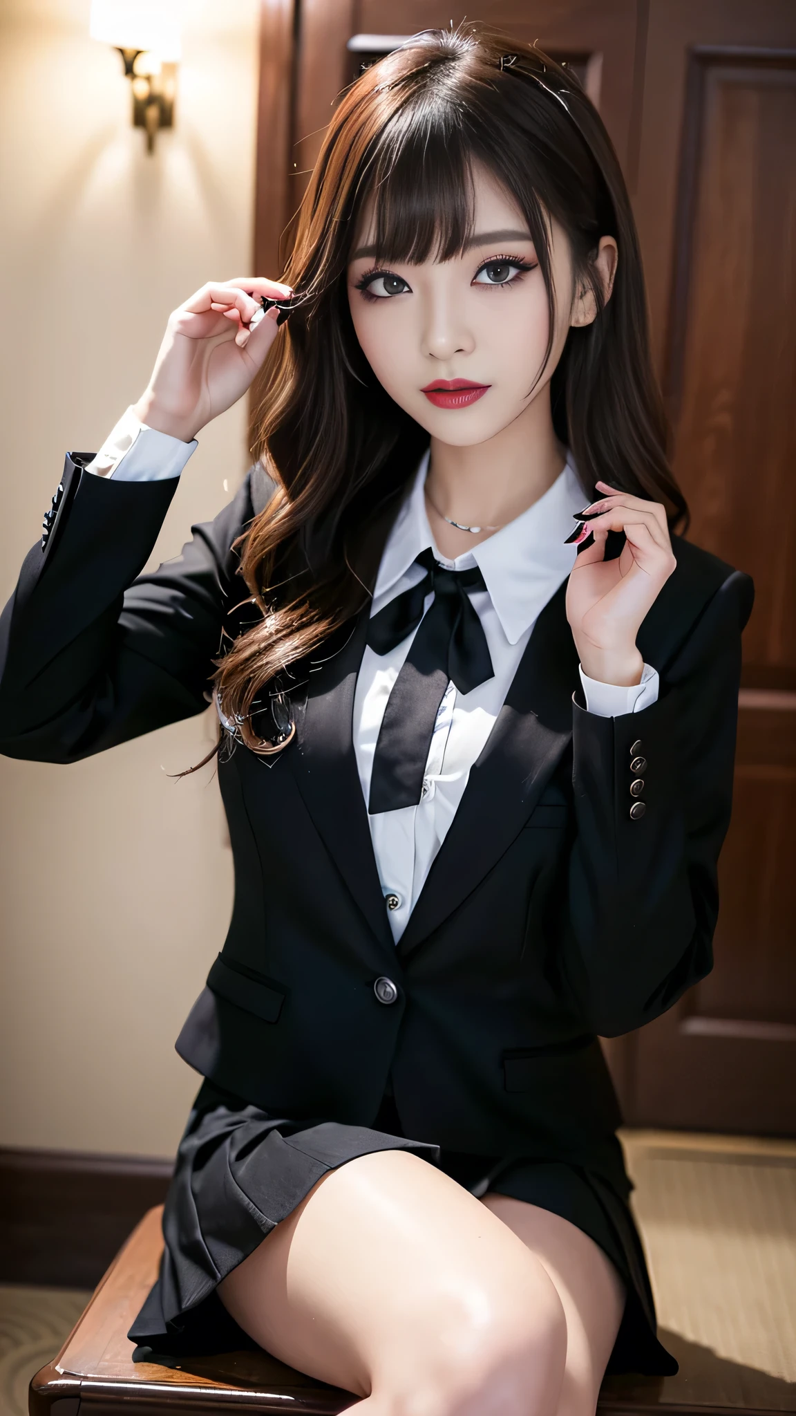 best quality、ultra-detailed、4k、Japanese、Seductive beauty、seductive adult woman、Pretty Woman、cool girl、Villainess、Brainwashed、brainwash、Fallen into evil、smirk、Evil look、Wicked Smile、evil、Brown hair、wavy hair、swept bangs、dark makeup、dark makeup、piercing eyes、hollow eyes,half-closed eyes、Hollow Eyes、purple Eyeshadow、black lipstick、black lipglos、uniform、blazer、White Shirt、Black Ribbon、flare skirt、Beautiful feet、Shining Legs、night、inside school、Has a switch、Emblem of Evil、Crest of Darkness、Swear allegiance、I have pledged my allegiance、Dye black、Blackening、Stained with evil、Dyed in darkness、Whisper in my ear