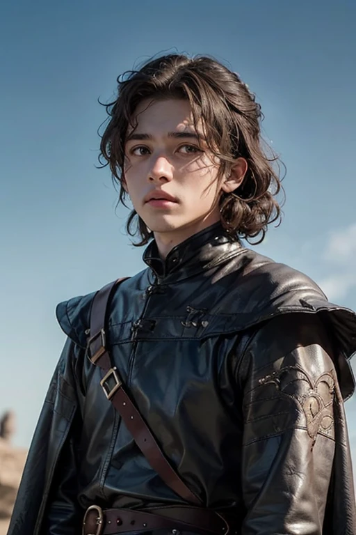 Joven, 18 year old boy very curly hair, game of thrones, looking ahead to the horizon, mirada intimidante, abrigo de piel con pelo, imagen de la cintura para arriba, sin barba, sin pelo en la barbilla, rasgos finos, delgados y delicados, lindo